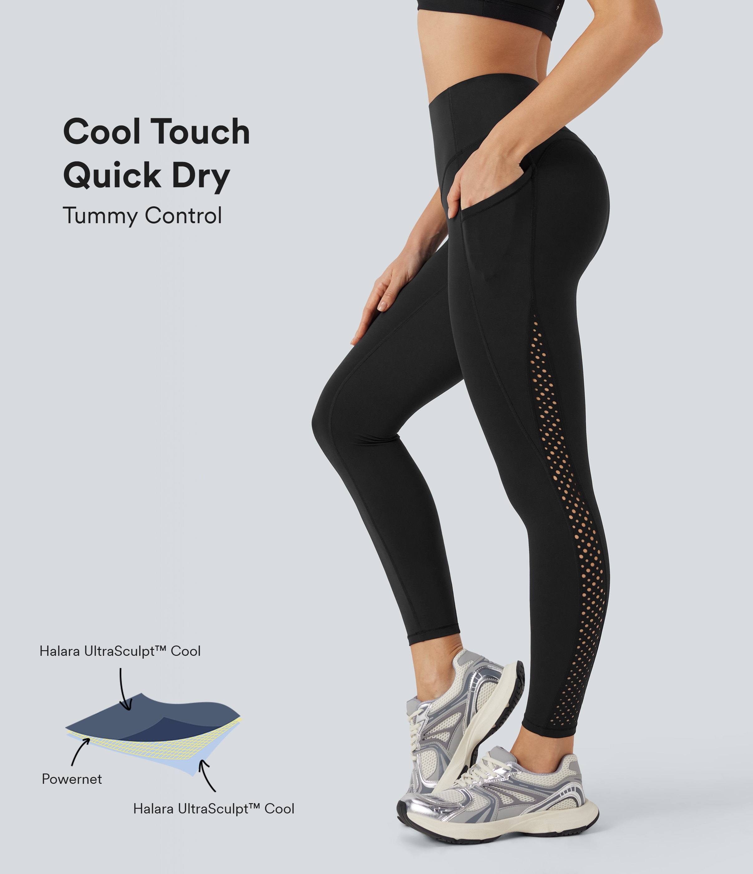 Leggings de yoga Halara UltraSculpt™ refrescante de secado rápido con tiro alto, transpirable con efecto moldeador abdominal y perforaciones con bolsillos y UPF 50+