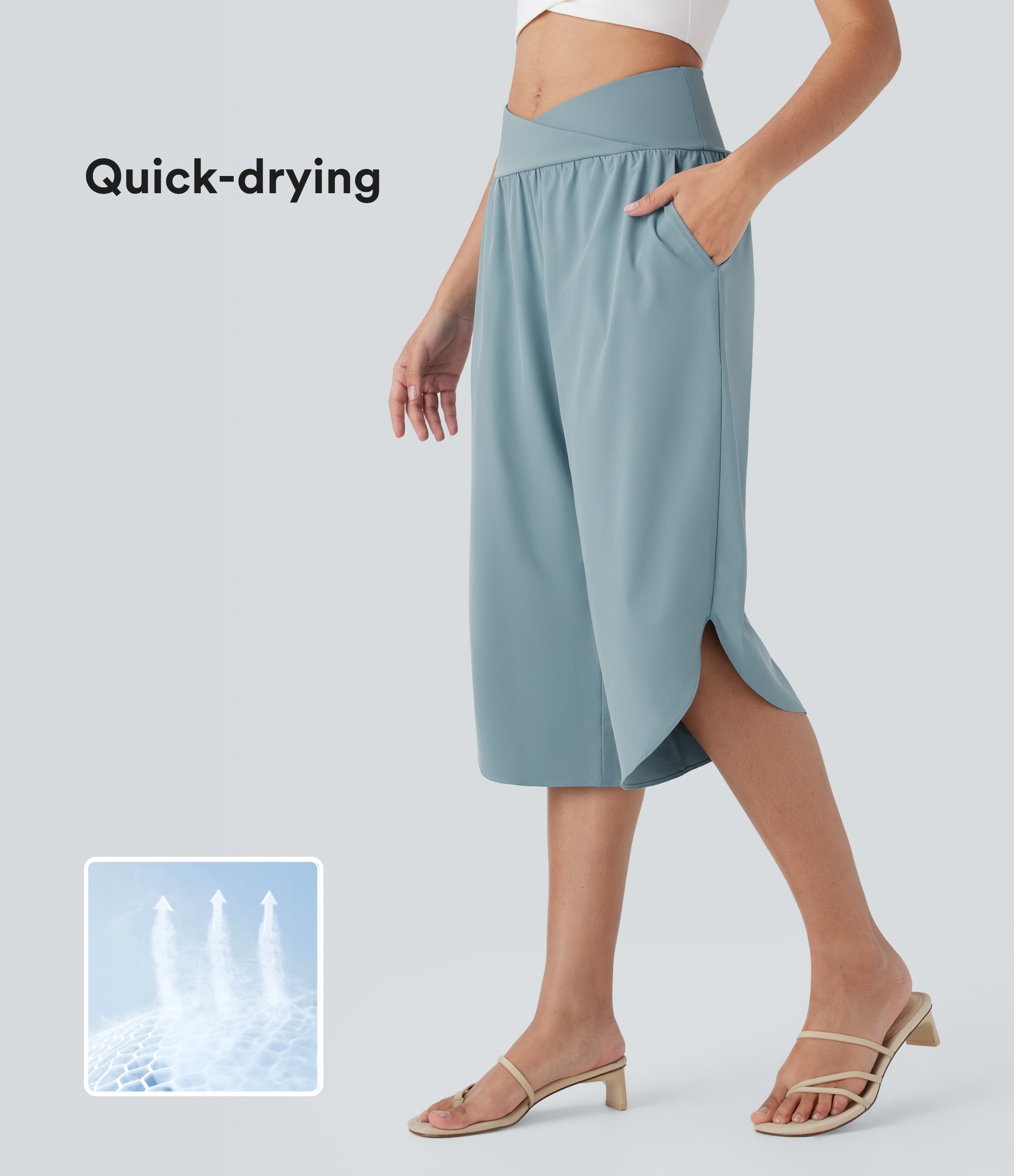 Breezeful™ High Waisted Crossover Side Pocket Split Quick Dry Capri Resort Trousers