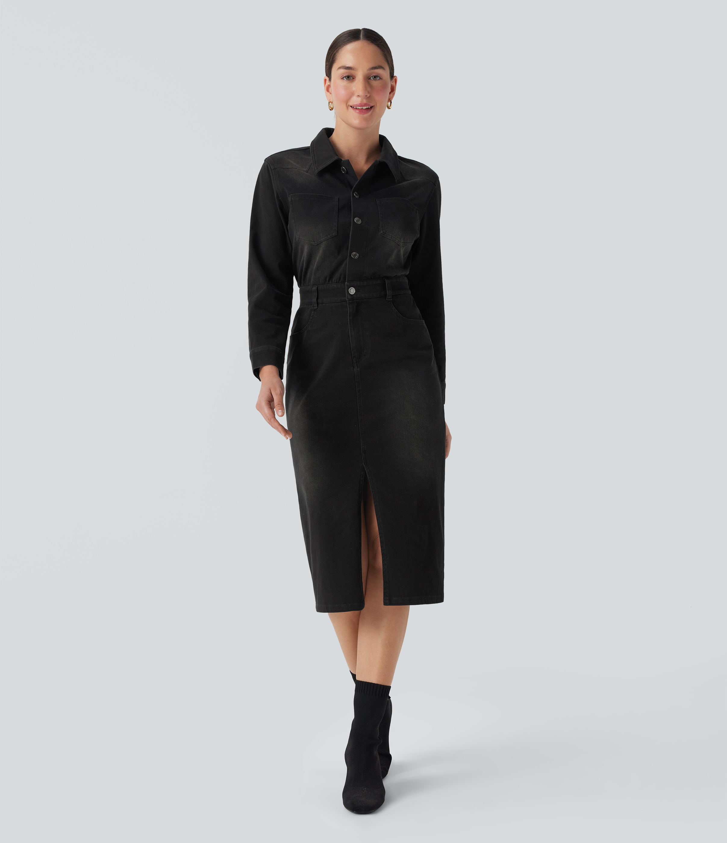Vestido camisero casual midi Halara Flex™ de manga larga de mezclilla con bolsillos