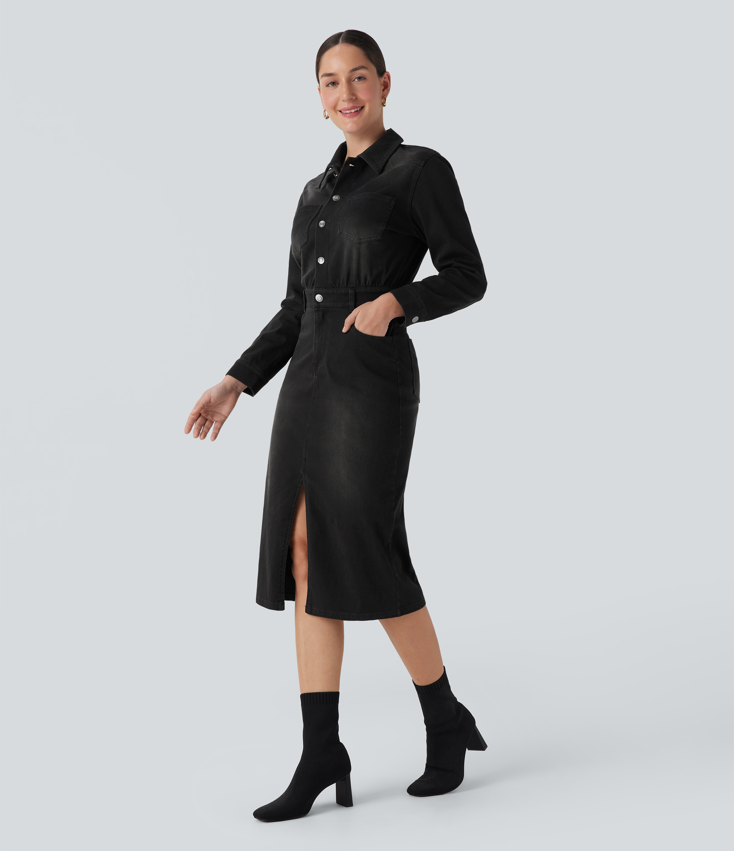 Halara Flex™ Denim - Langärmliges Hemd-Midikleid mit Seitentaschen