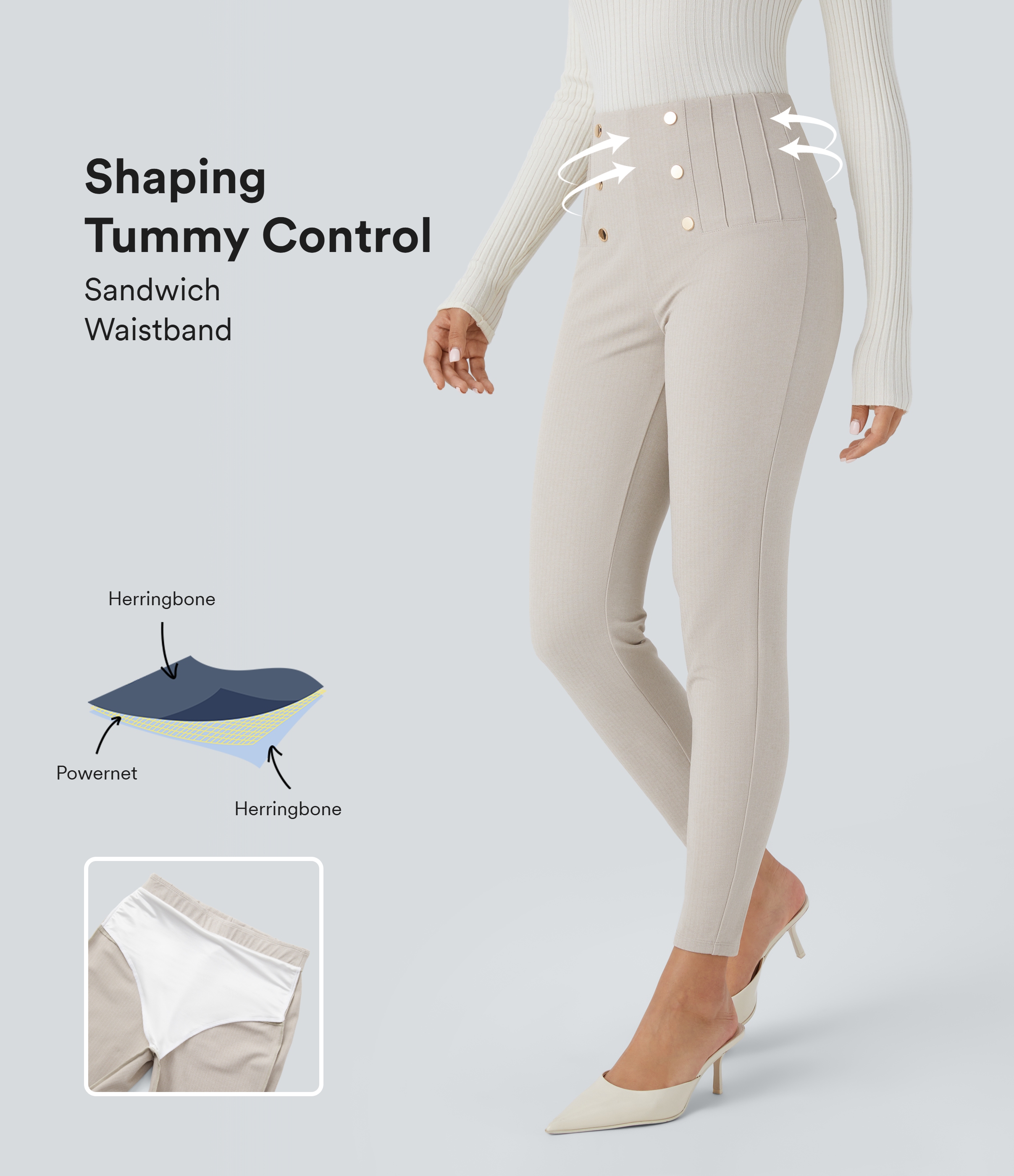 High Waisted Tummy Control Decorative Back Zipper Pockets Herringbone Work Pants
