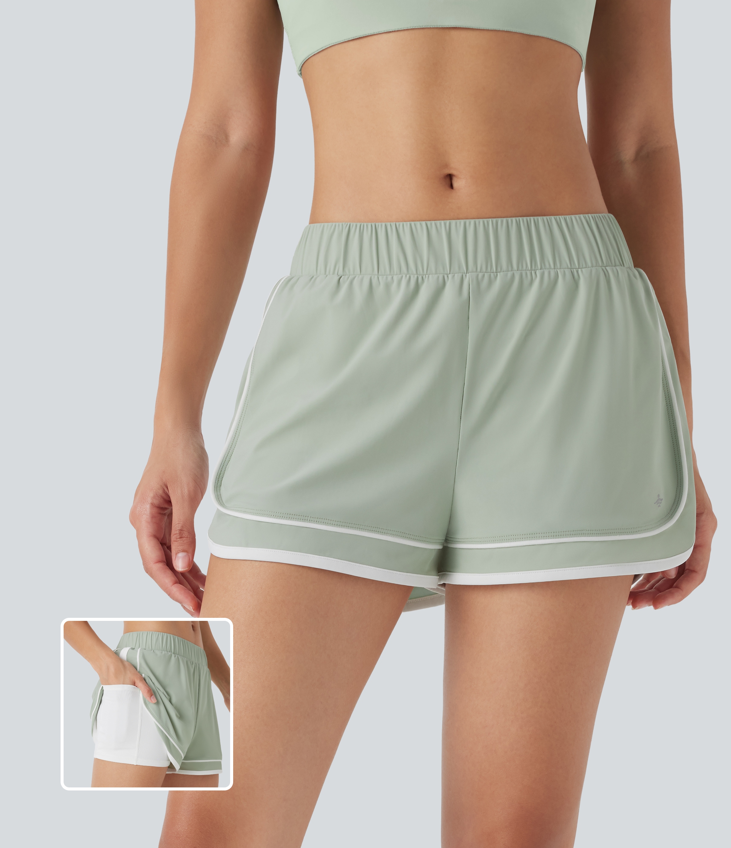 Low Rise Colour Block Curved Hem 2-in-1  Quick Dry Running Shorts with Pocket