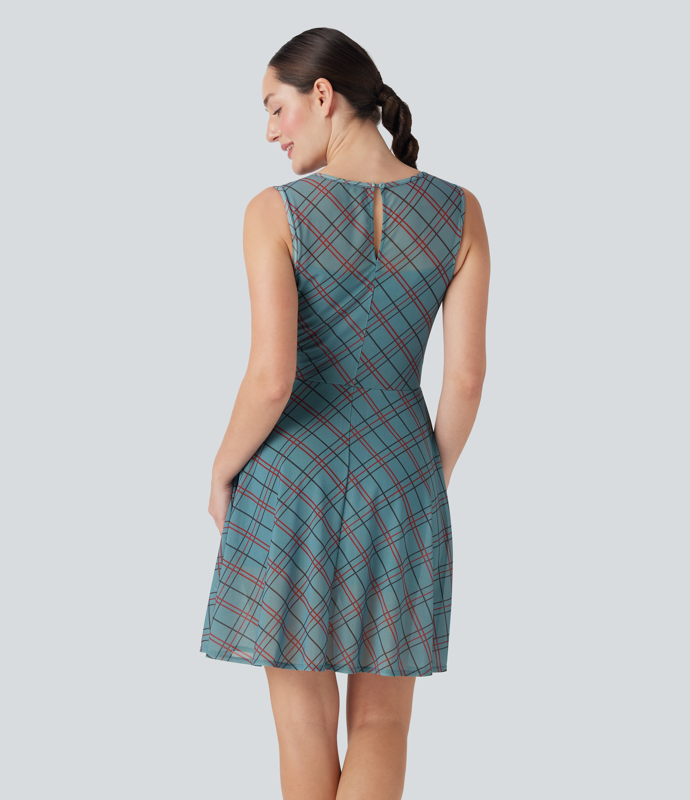 Green Plaid Vestido mini casual 2 en 1 sin mangas de malla contrastante a cuadros con bolsillo lateral / 2