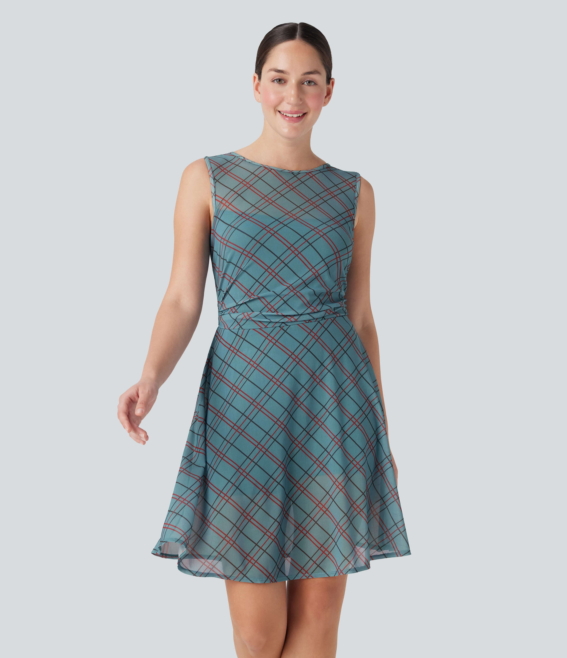 Robe mini décontractée 2-en-1 sans manches à carreaux avec empiècements mesh contrastés et poche latérale