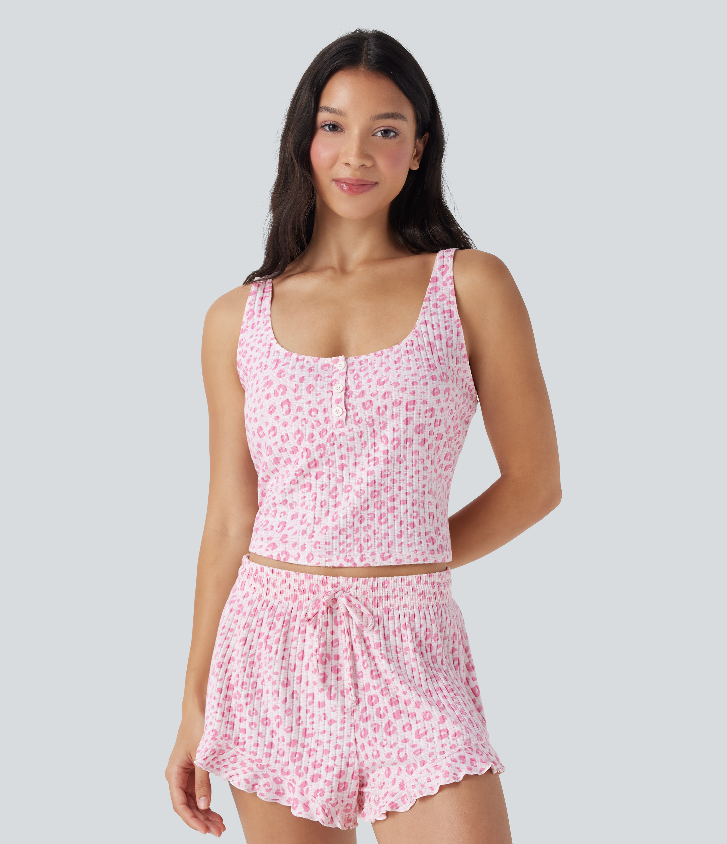 Camiseta de tirantes con estampado de leopardo y cuello redondo con botones