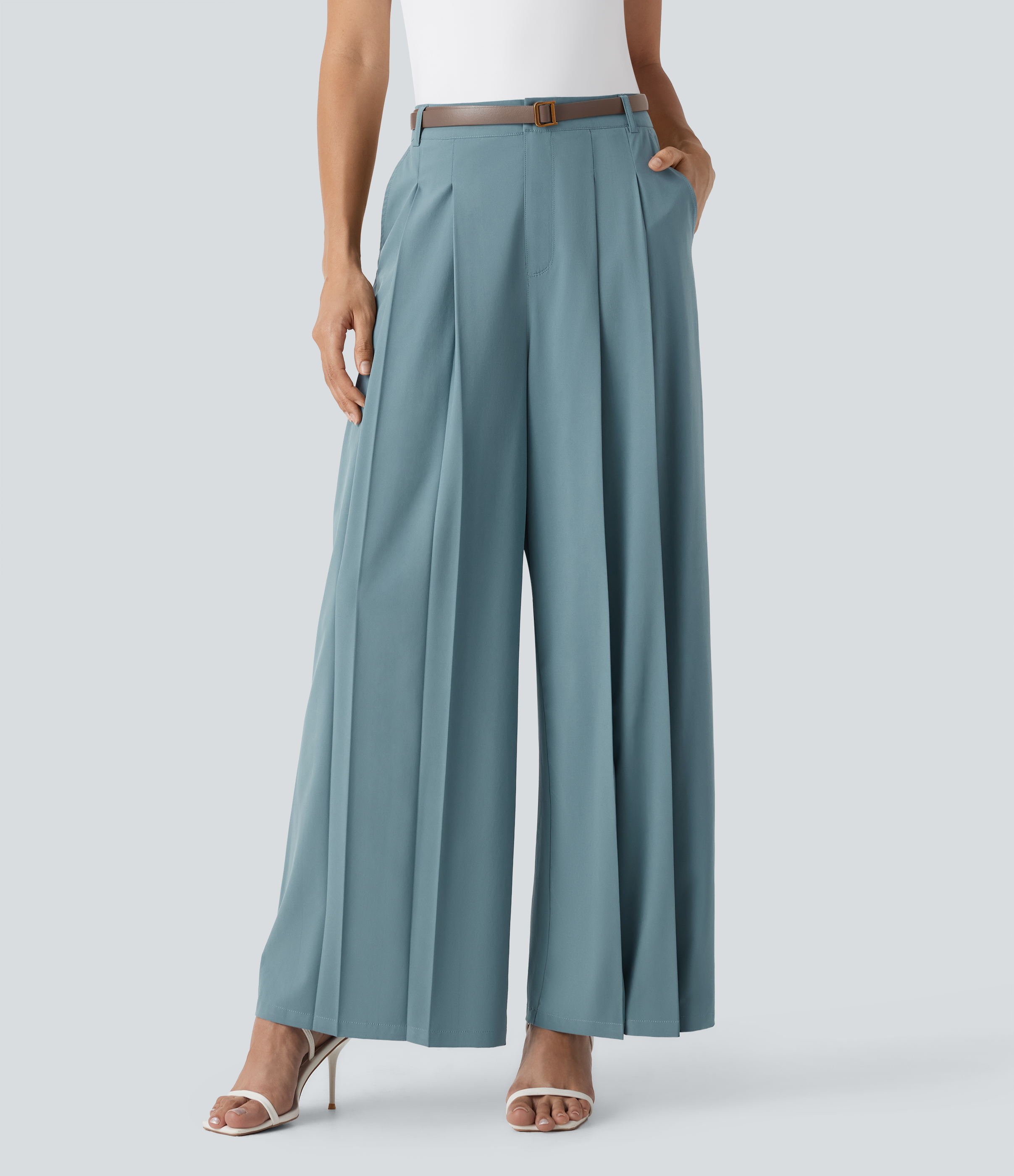 Pantalones de oficina anchos Breezeful™ de tiro medio con secado rápido y bolsillos laterales