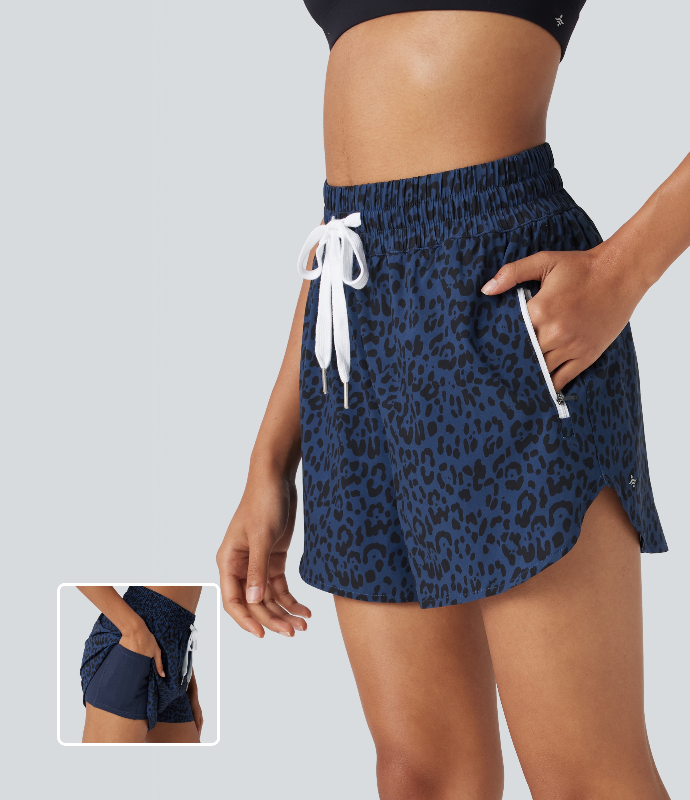 High Waisted Drawstring Curved Hem Leopard Print 2-in-1 Workout Shorts with Pockets