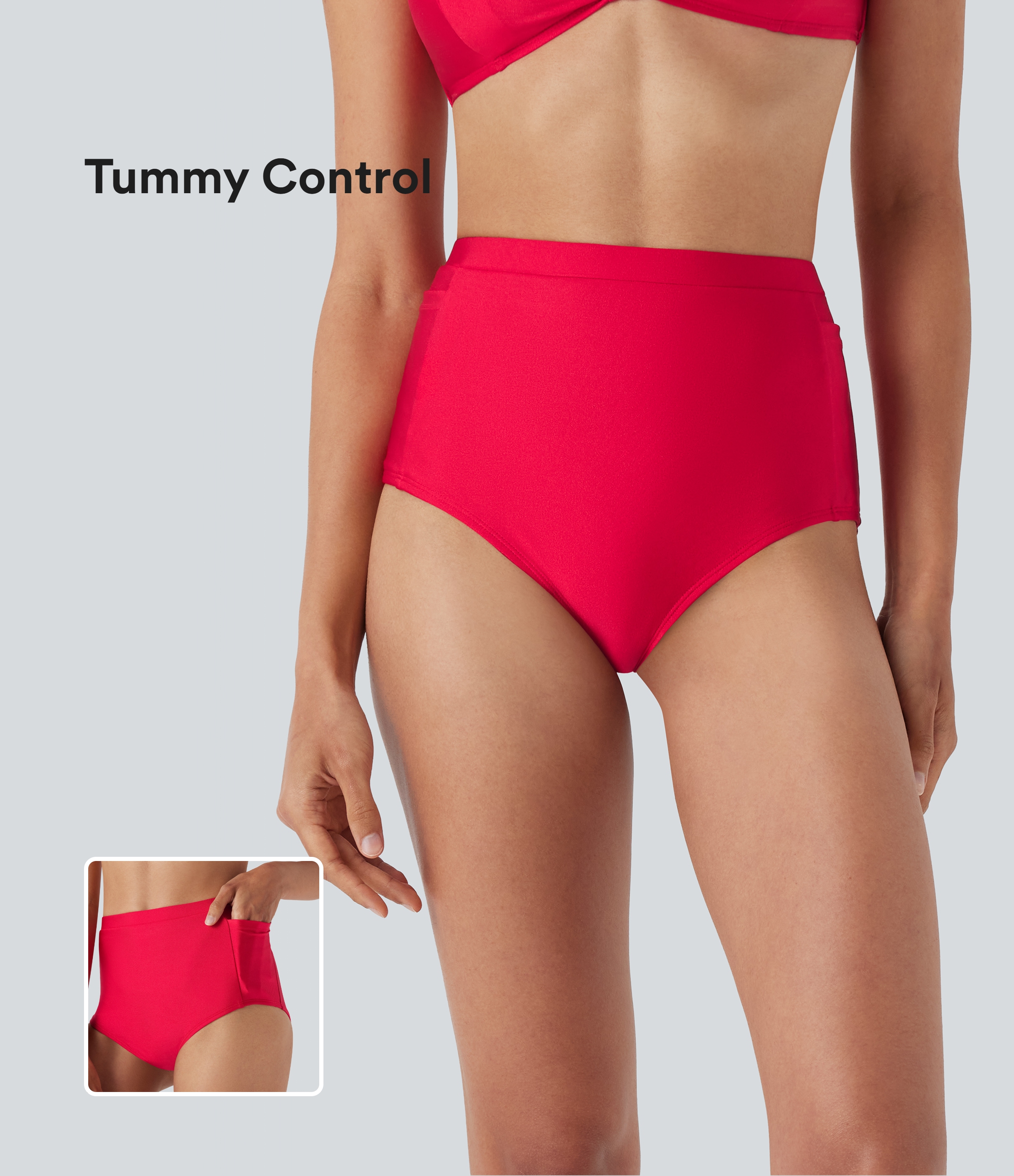 High Waisted Tummy Control Sheen Bikini Bottom Swimsuit with Pockets