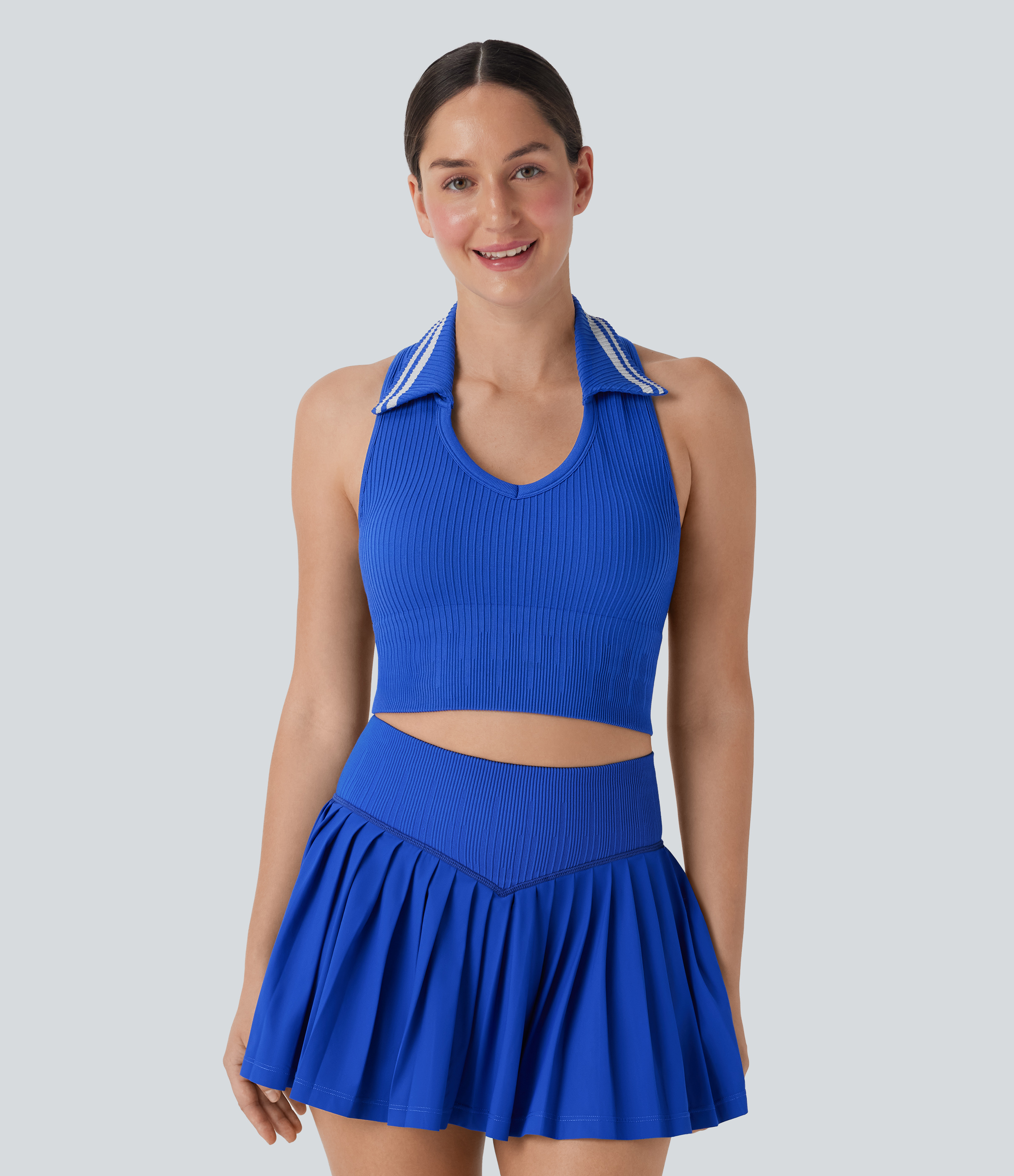Halara – Rückenfreies, fließendes Tennis-Tanktop mit Racerback, Farbblock und nahtlosem Flow – Sapphire Blue – L