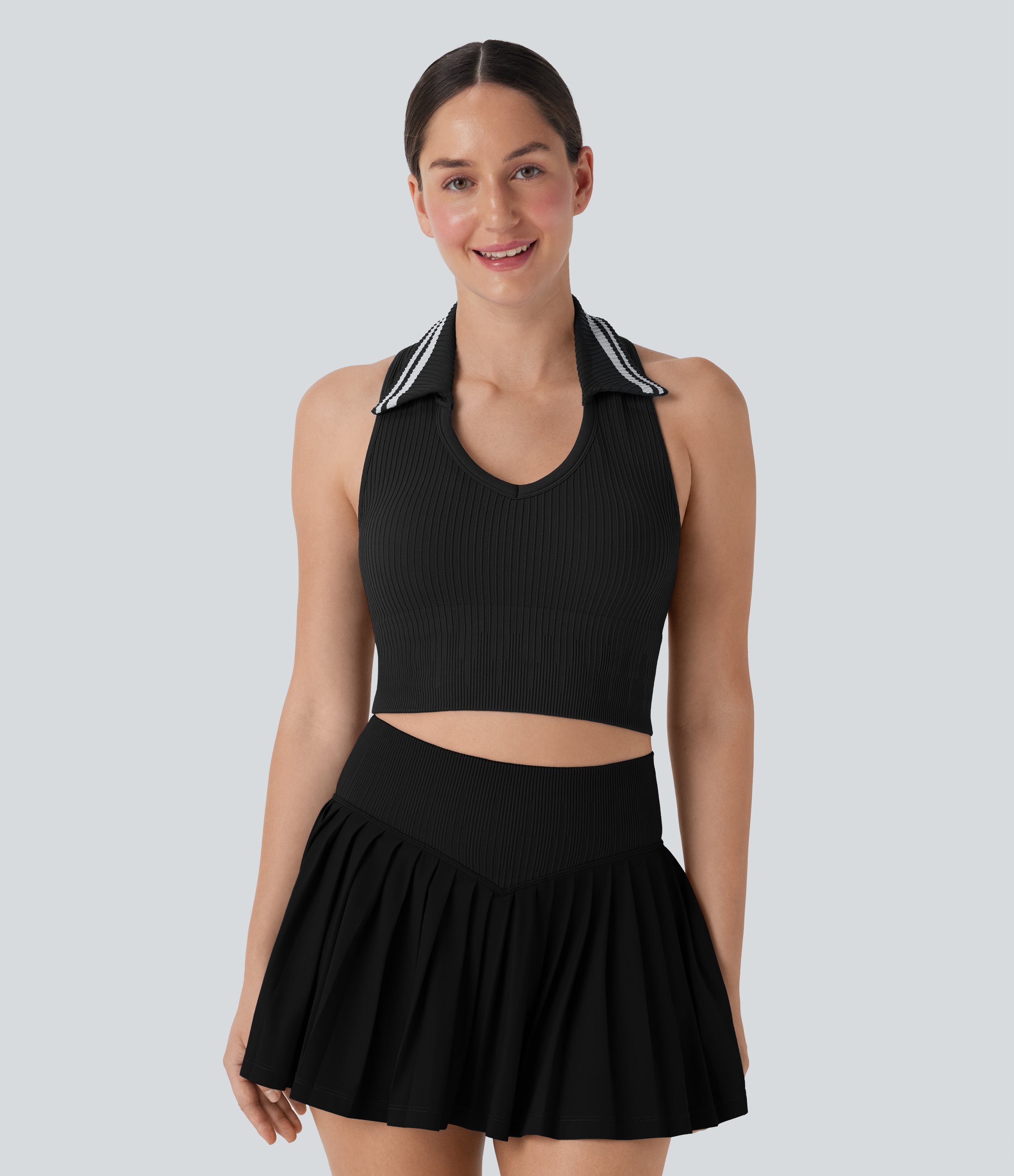 Halara – Rückenfreies, fließendes Tennis-Tanktop mit Racerback, Farbblock und nahtlosem Flow – Schwarz – XS