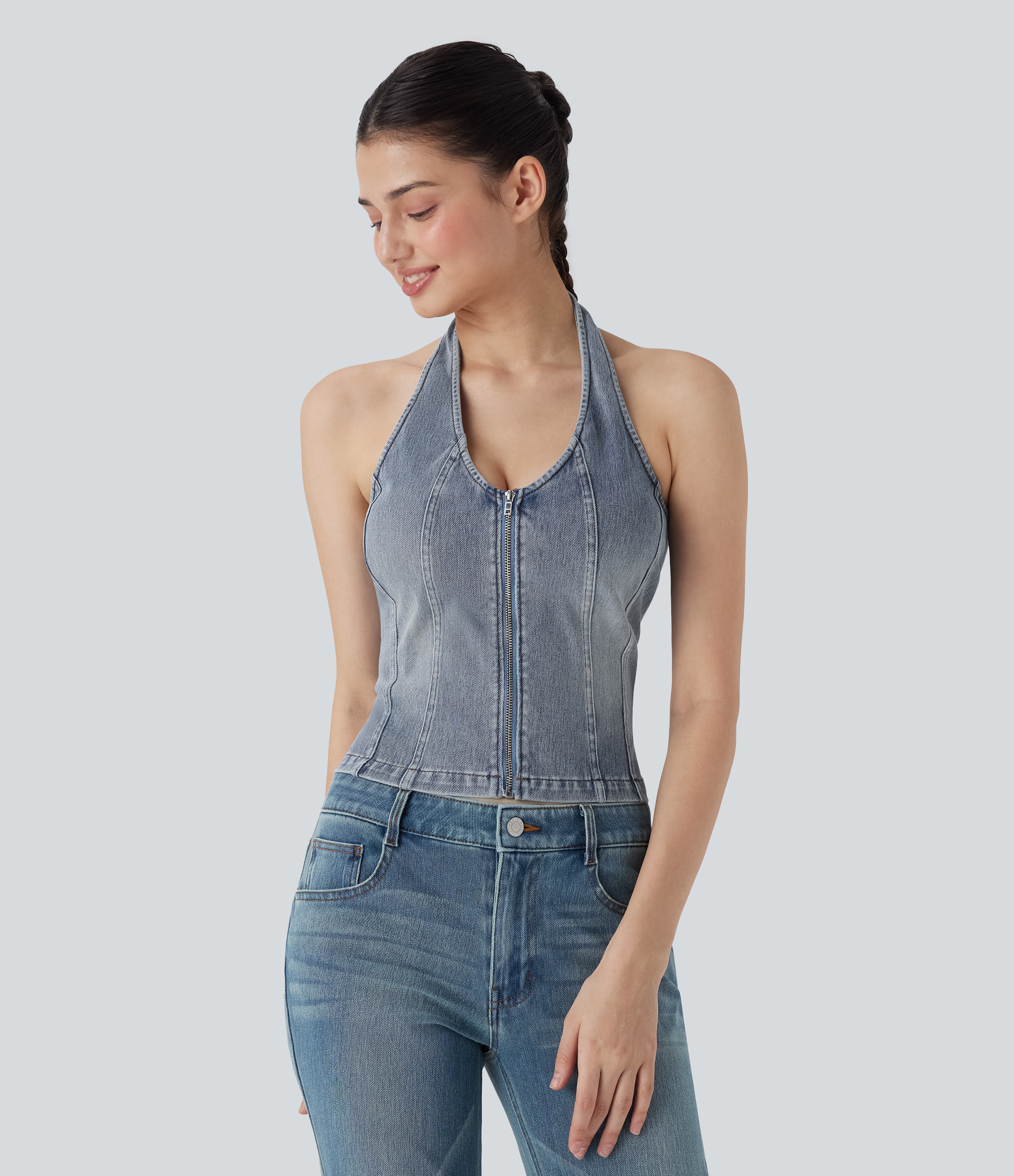 Halara Flex™ Rückenfreies Neckholder-Reißverschluss-Tanktop aus gewaschenem, dehnbarem Strick-Denim