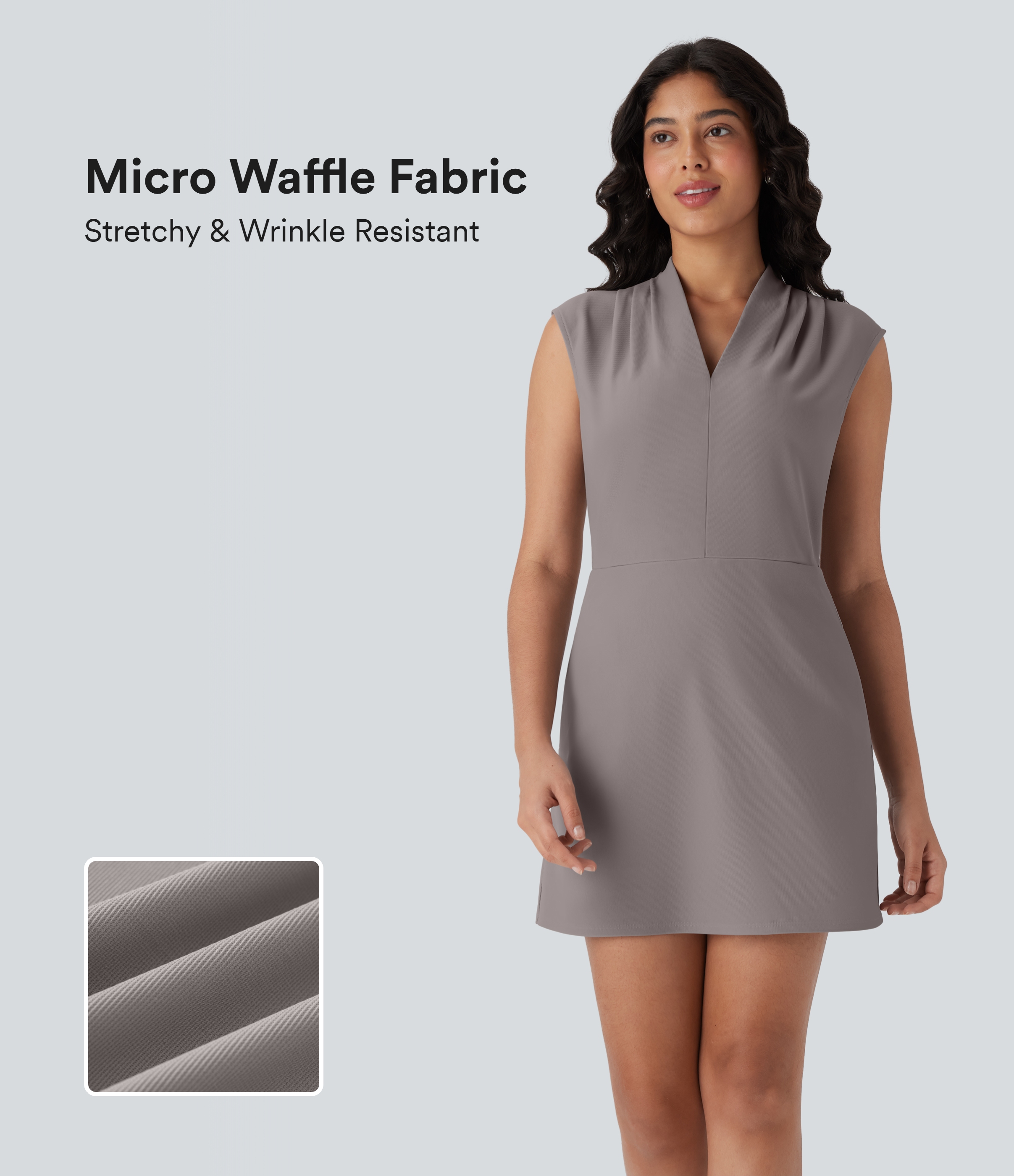 Vestido de oficina Halara Flex™ con escote en V plisado sin mangas con tela microgofre y bolsillos