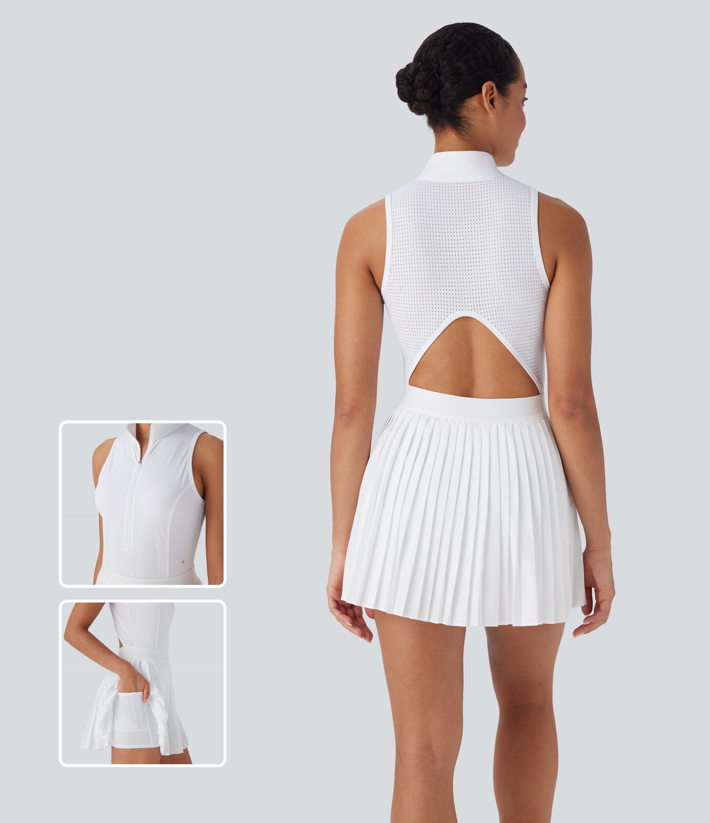 Breezeful™ Ärmelloses, ausgeschnittenes 2-in-1-Plissee-Mini-Tennis-Aktivkleid mit Seitentaschen