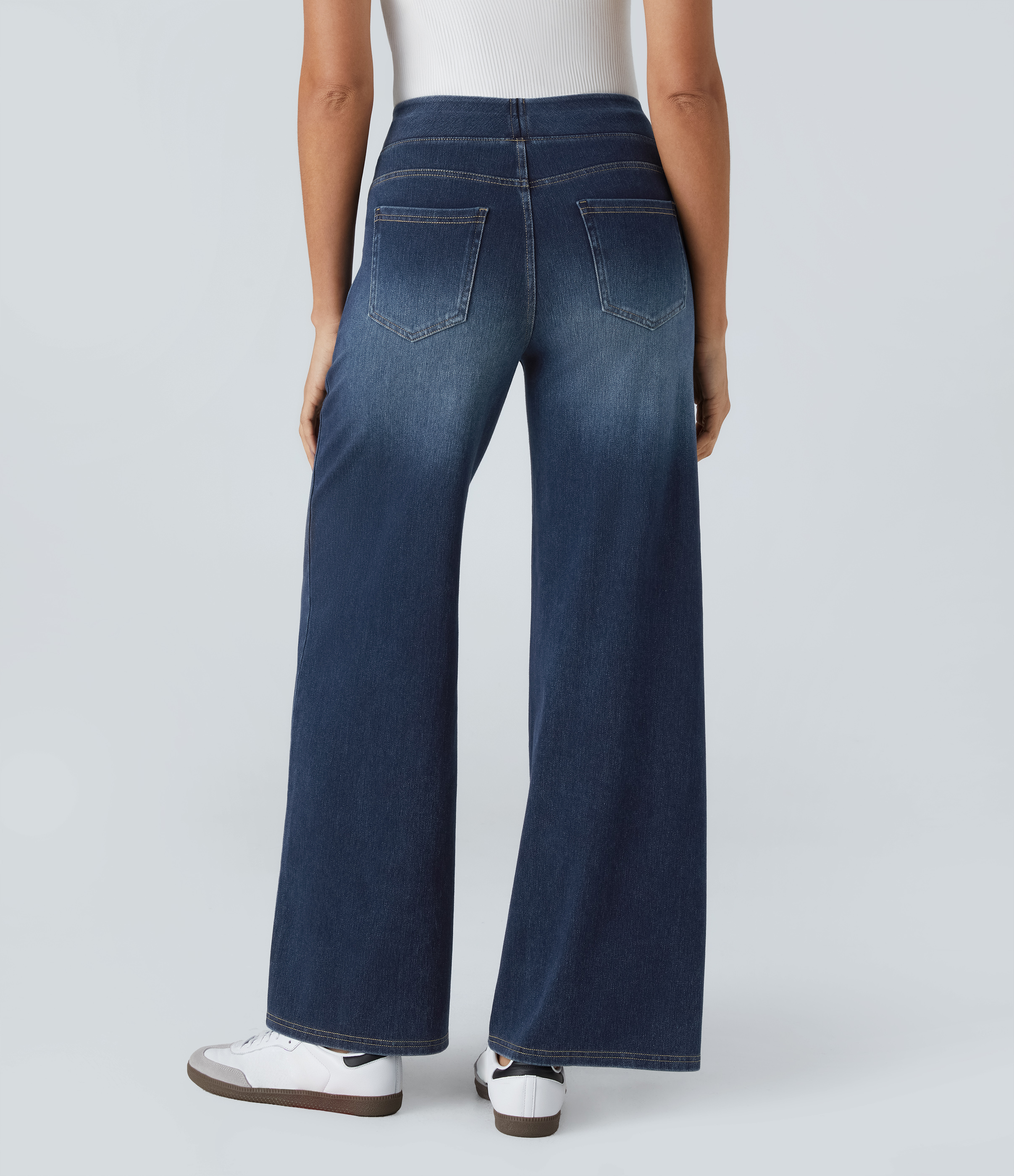 Bright Blue Denim Halara Flex™ jean délavé décontracté taille haute à poches, coupe baggy à jambe large / 2