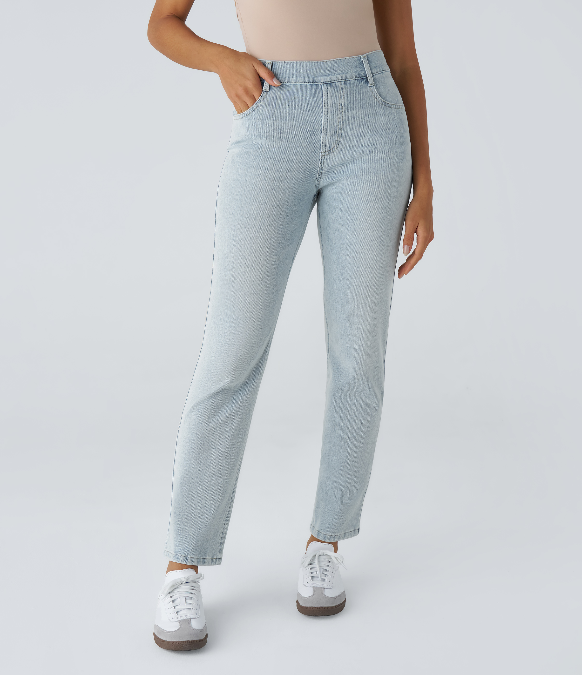 Halara Flex™ High Waisted Pockets Straight Leg Washed Casual Jeans — Light Azure Denim by Halara
