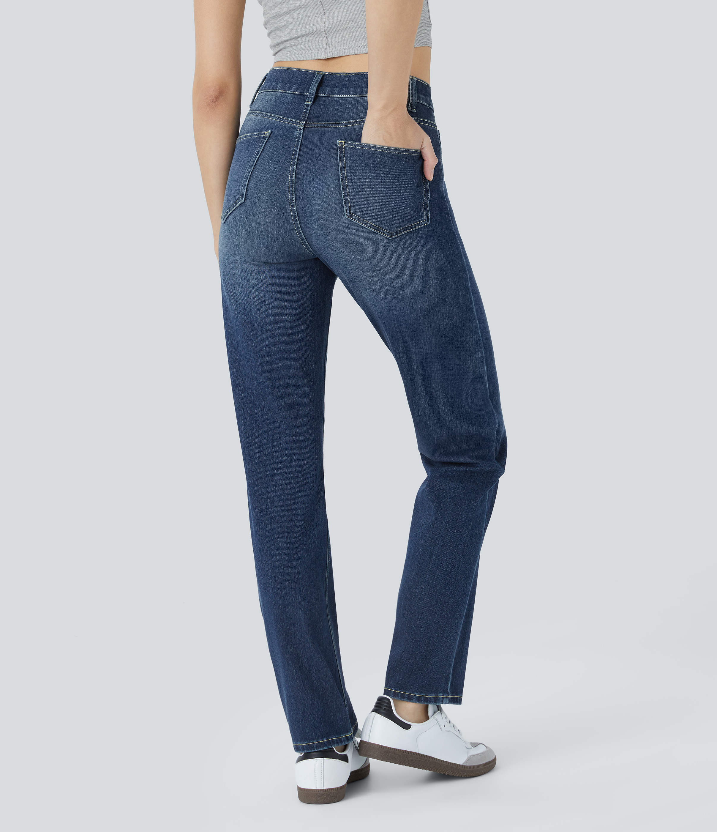 Distressed Denim Dark Blue Halara Flex™ ハイウエスト マルチポケット ストレートレッグ ウォッシュ加工 ストレッチニット カジュアルジーンズ / 2