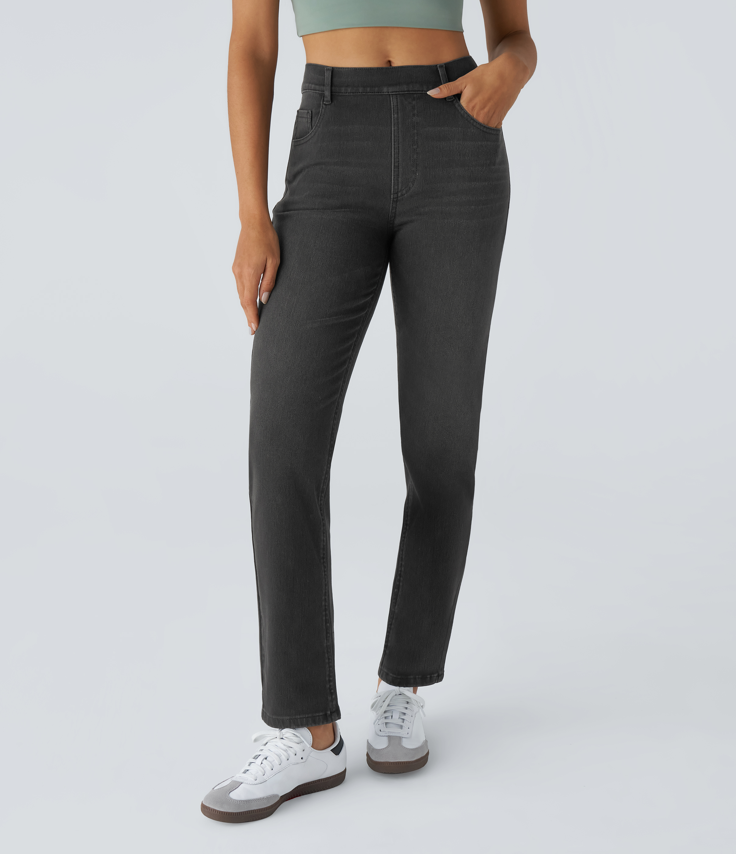Halara Flex™ High Waisted Pockets Straight Leg Washed Casual Jeans — Deep Ink Black Denim by Halara