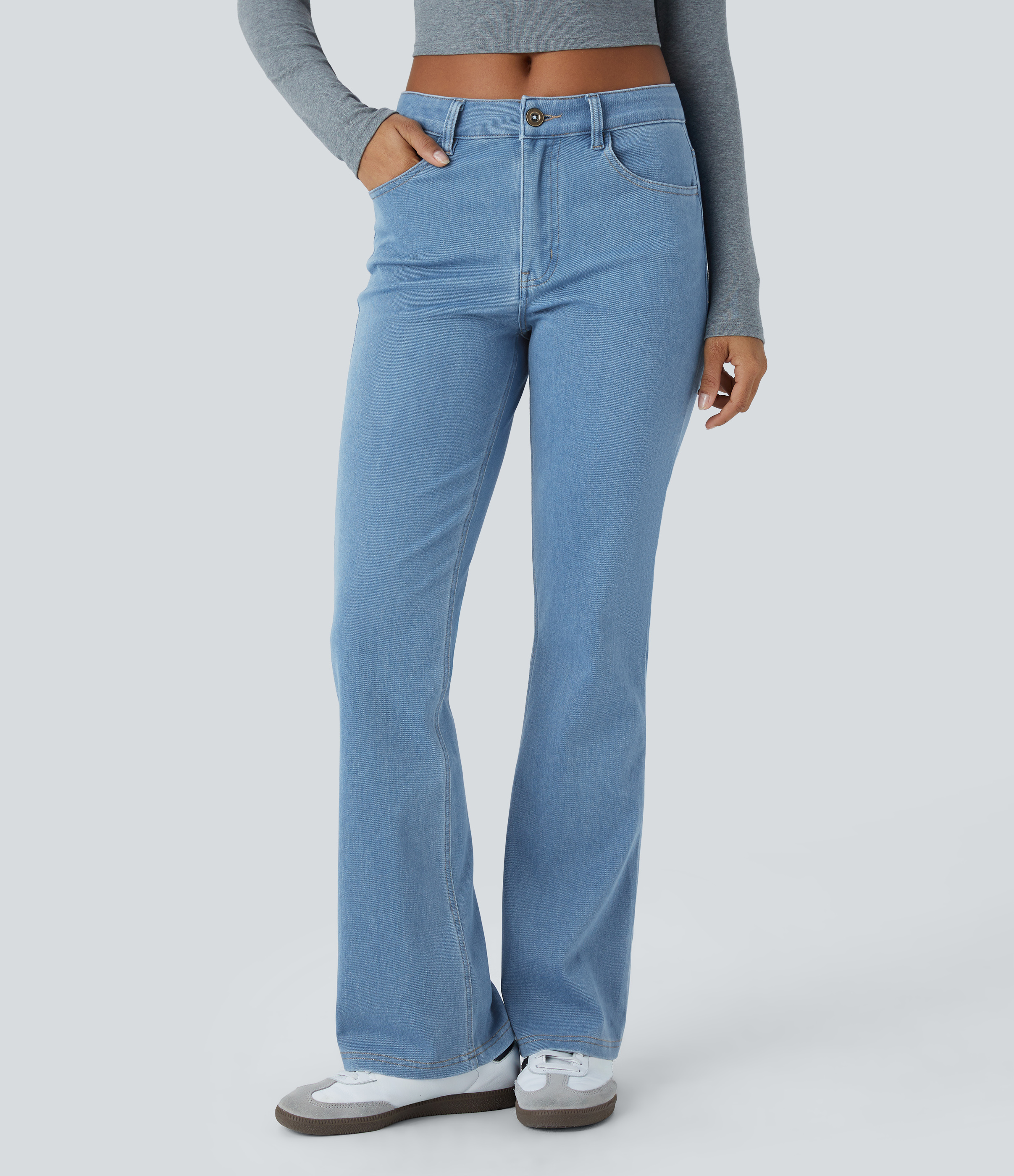 Halara Flex™ Mid Rise Pockets Casual Bootcut Jeans — Washed Denim Sunny Blue by Halara