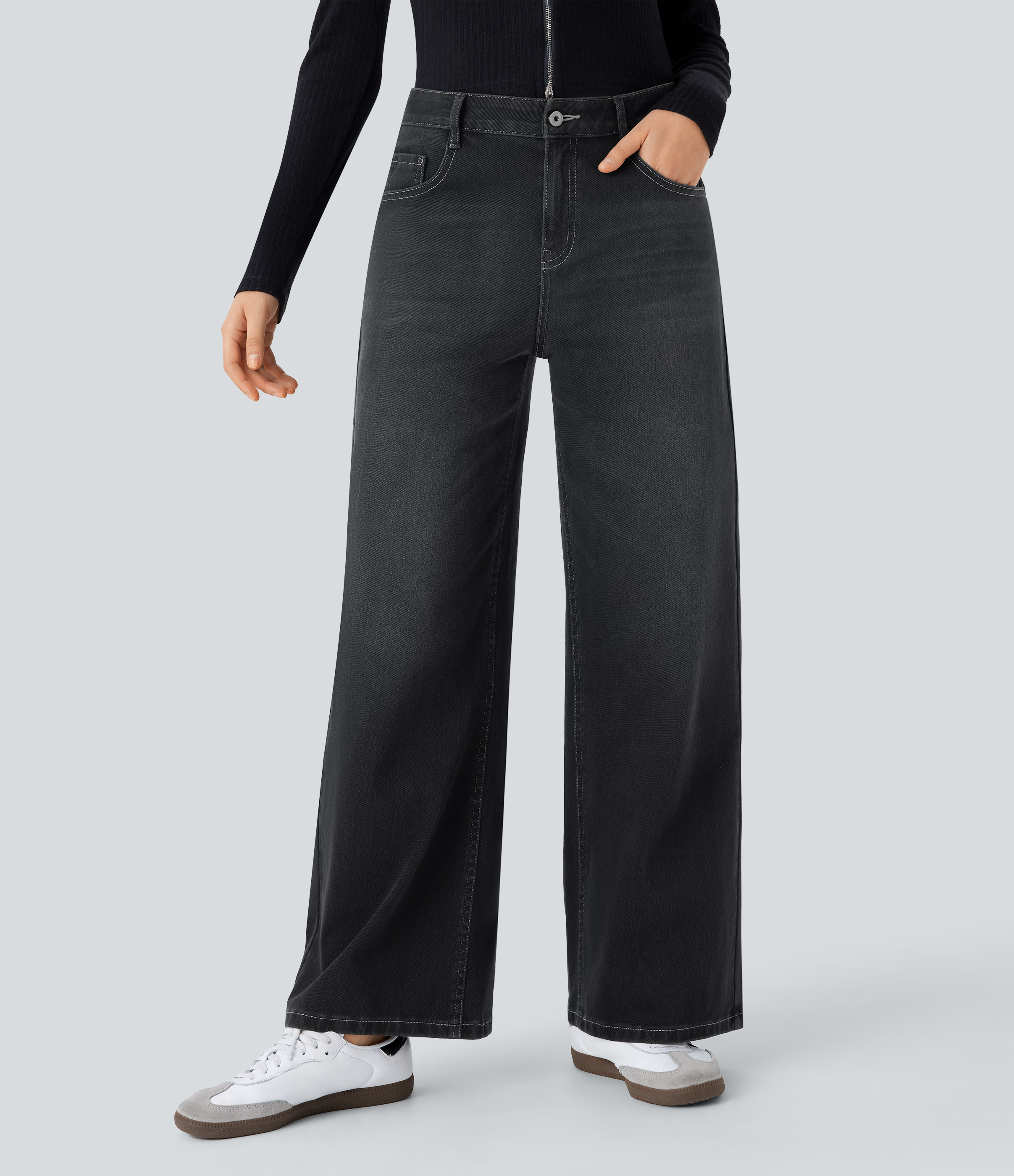 Halara Flex™ Low Rise Zipper Pockets Washed Baggy Wide Leg Women Casual Denim Jeans