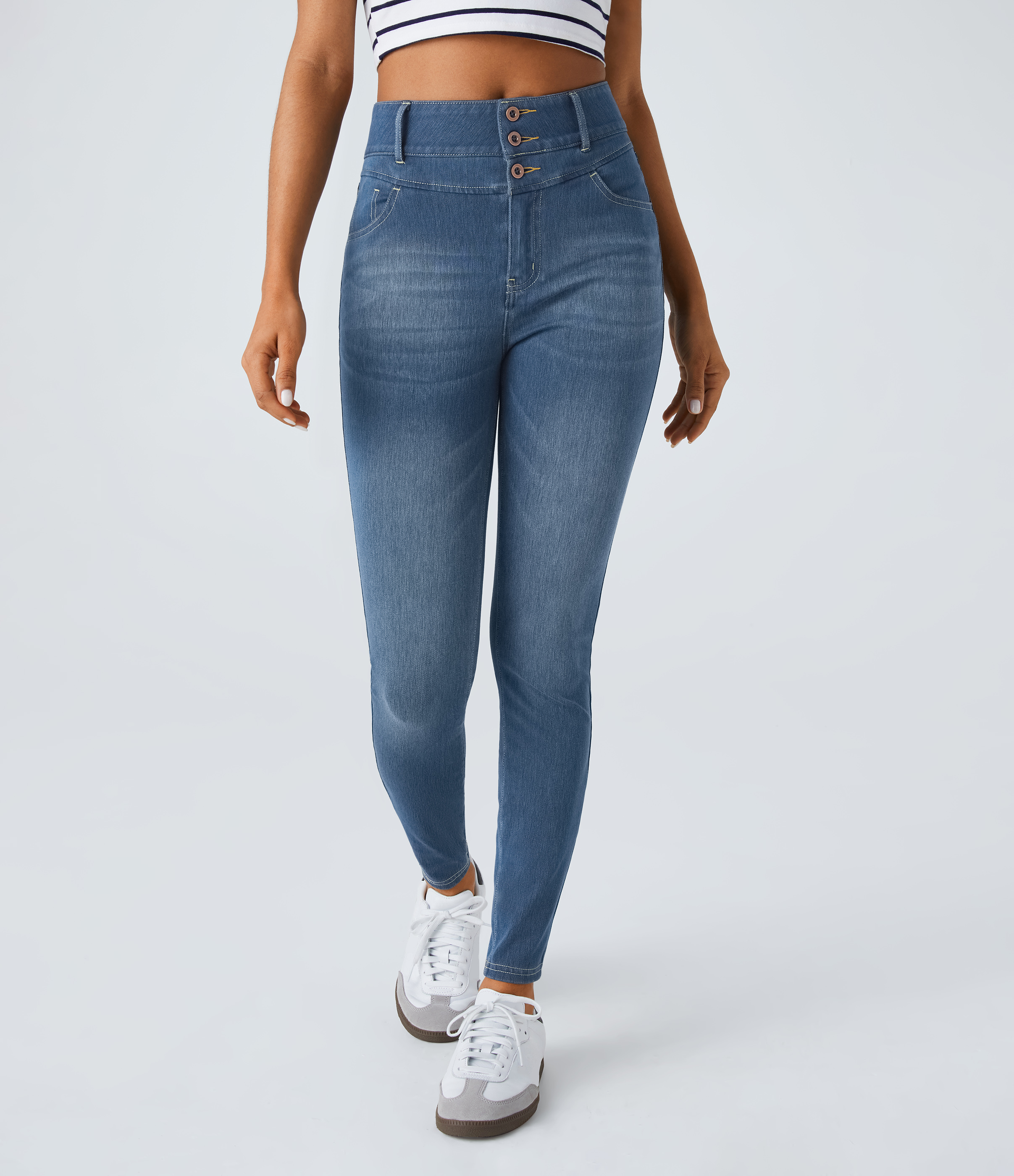 Jeans Halara Flex™ Denim ajustado elástico múltiple bolsillo cremallera botones tiro alto