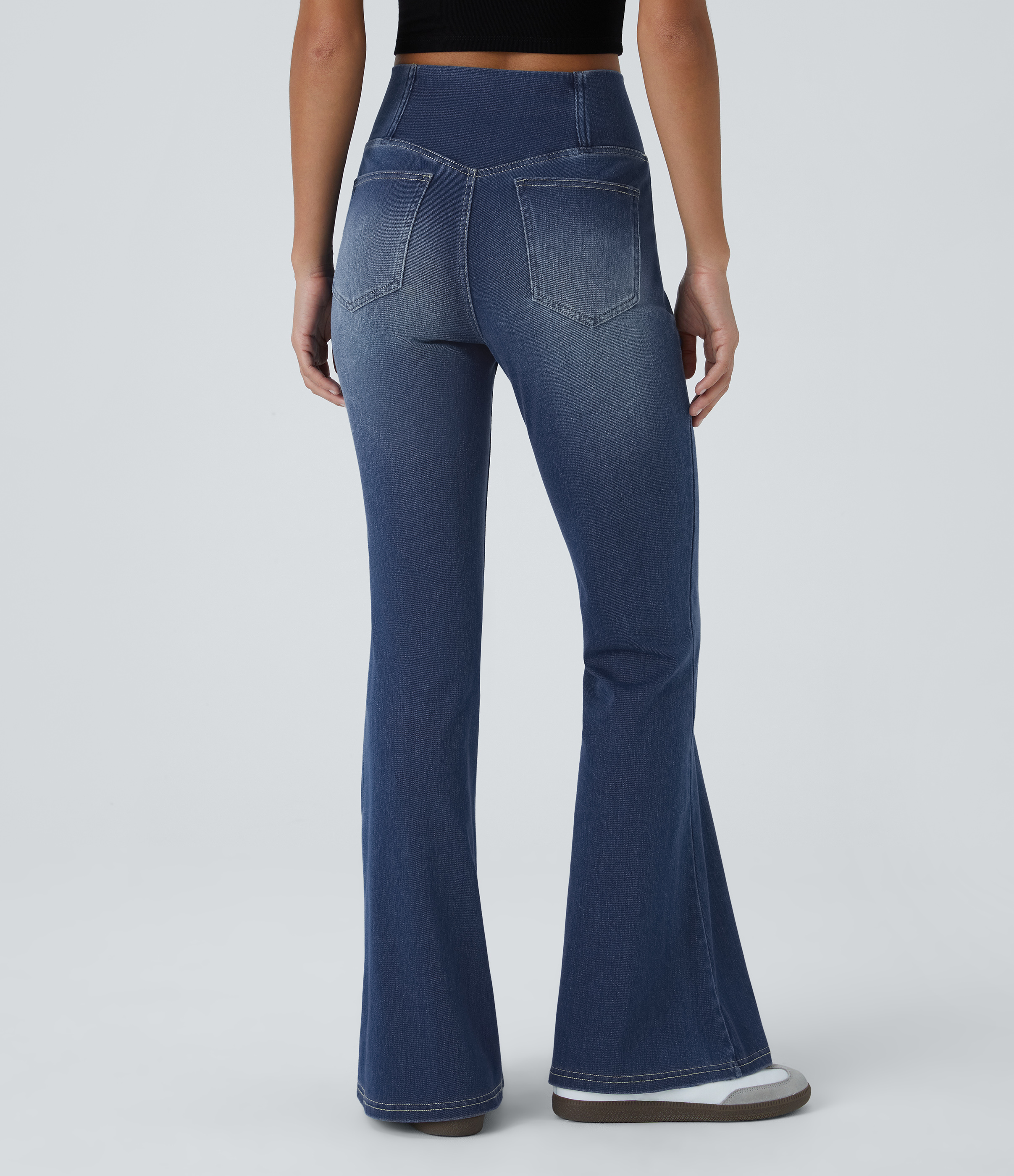 Royal Blue Denim Halara Flex™ High Waisted Crossover Pocket Washed Casual Flared Jeans / 2