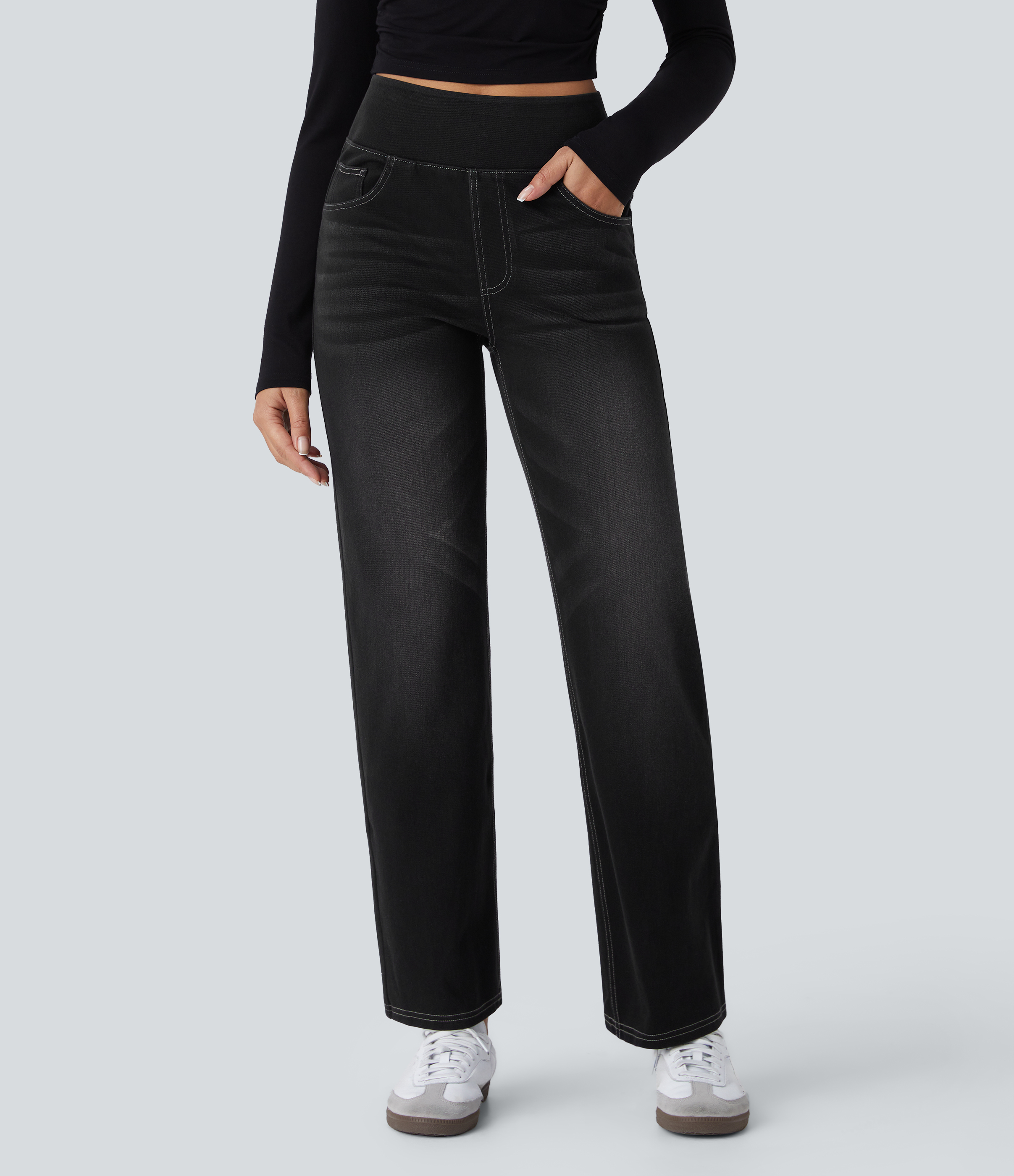 Jean décontracté Halara Flex™ taille haute, extensible, délavé, jambes droites avec poches multiples