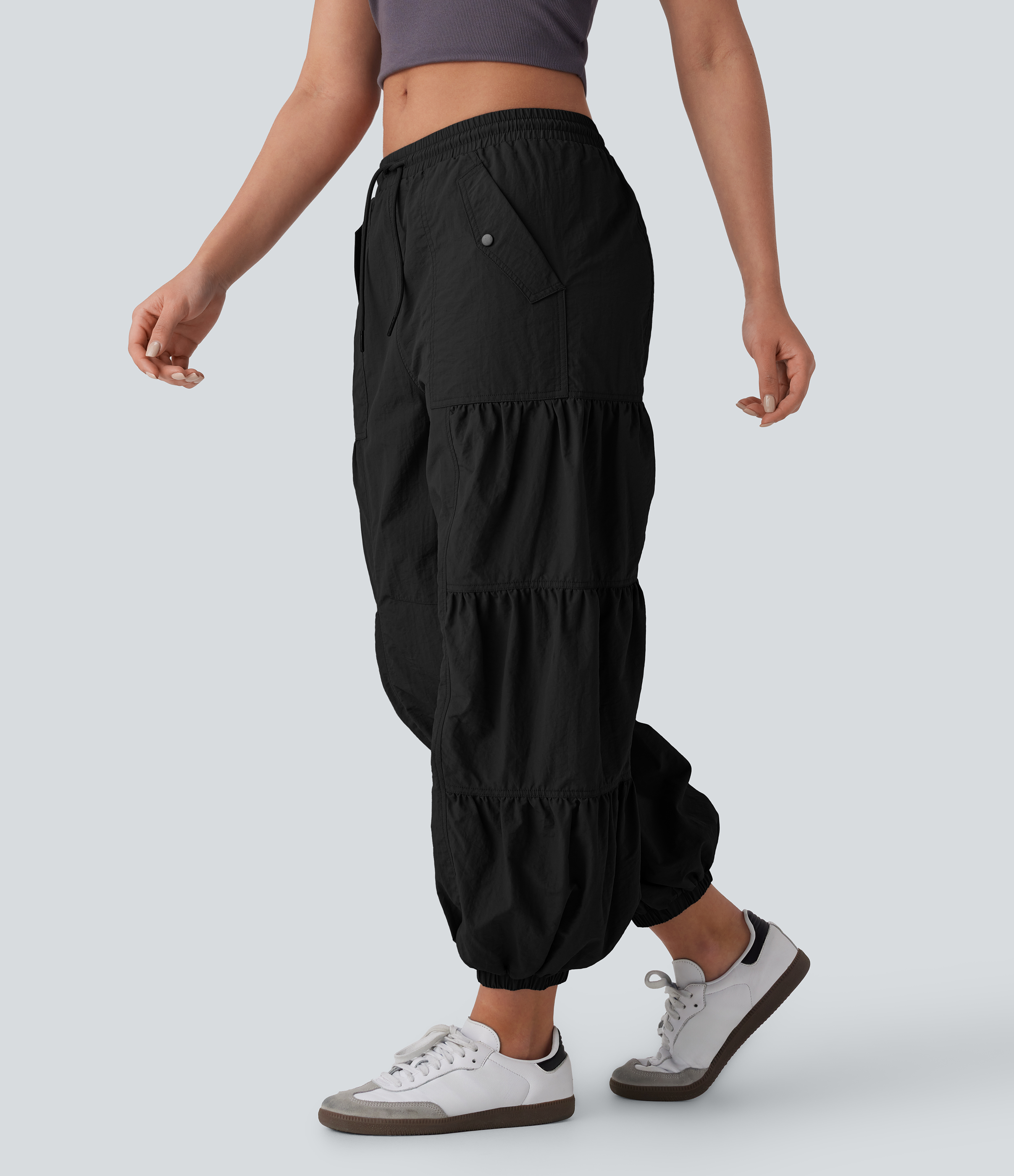 Mid Rise Drawstring Pocket Ruched Parachute Casual Cargo Joggers