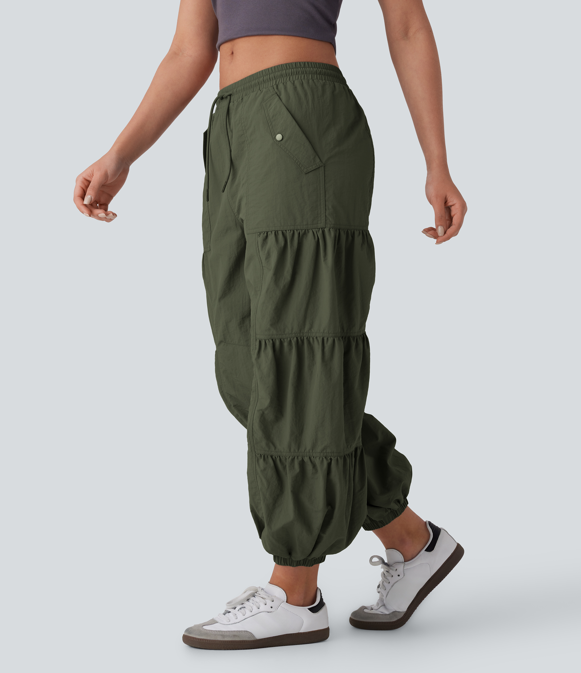 Mid Rise Drawstring Pocket Ruched Parachute Casual Cargo Joggers