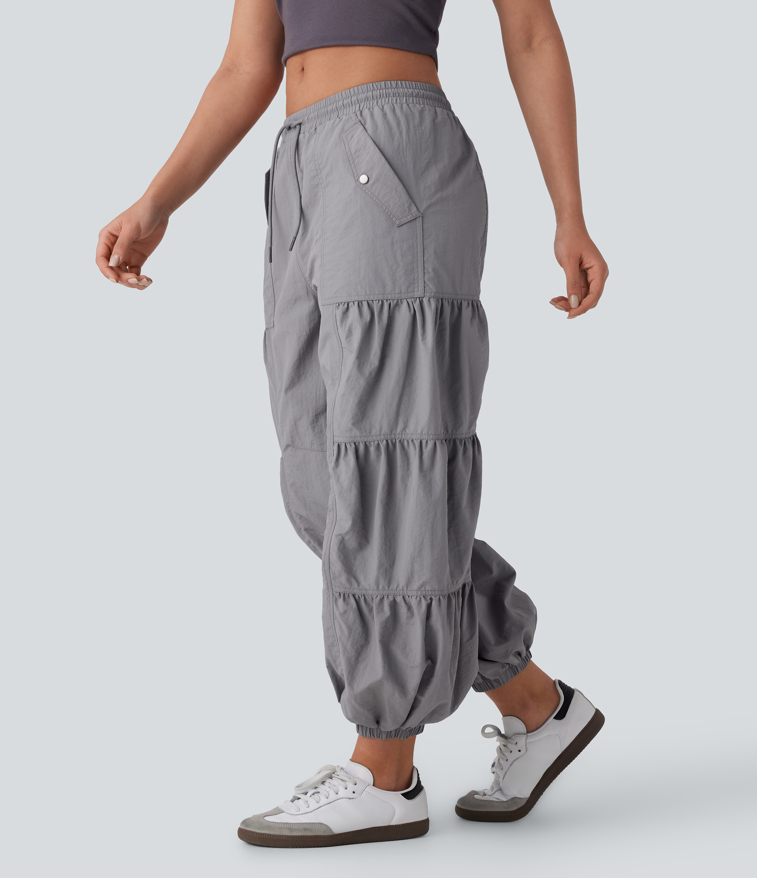 Mid Rise Drawstring Pocket Ruched Parachute Casual Cargo Joggers