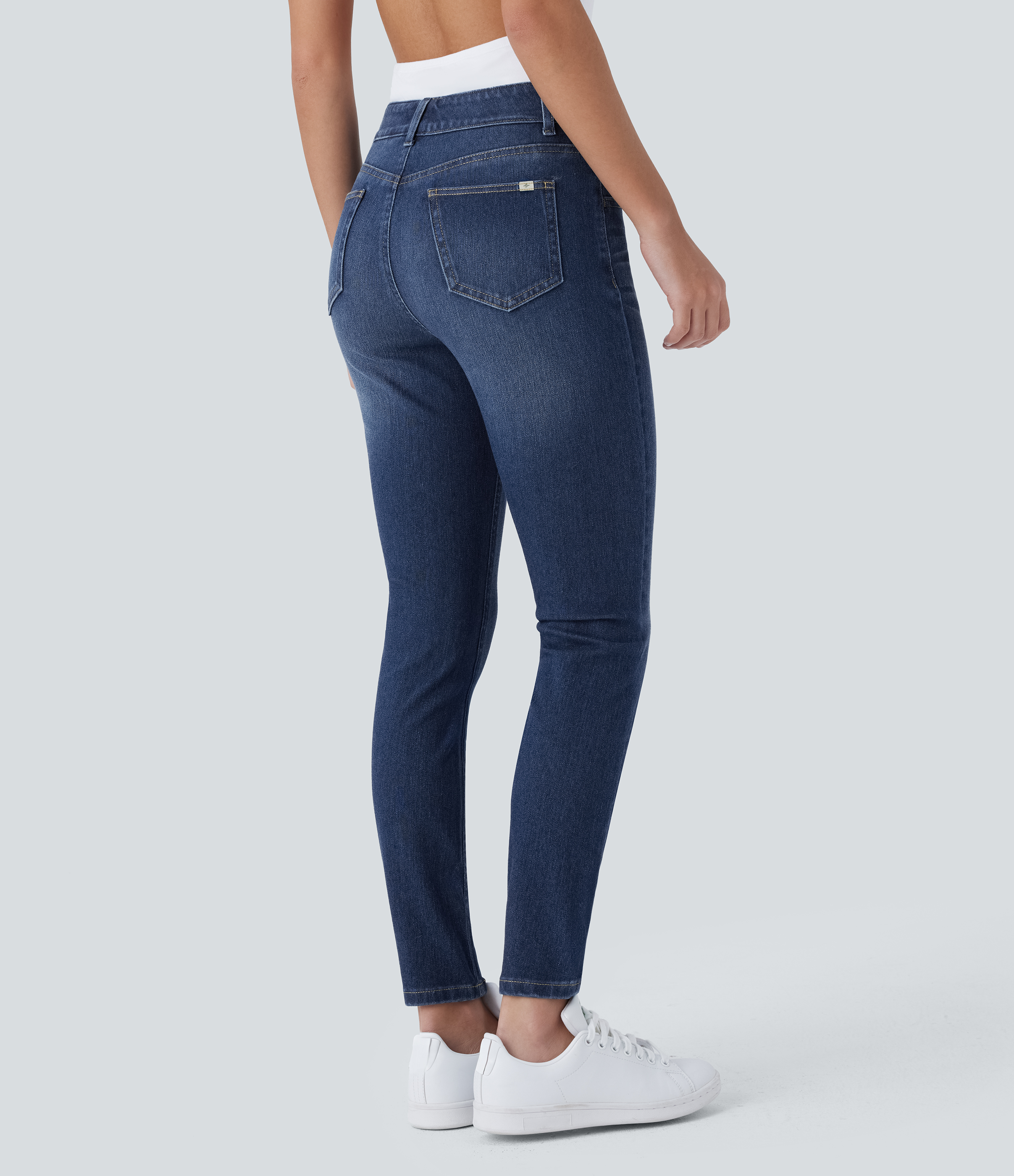 Paint Blue Denim Halara Flex™ überziehbare Skinny-Jeans mit mittelhohem Bund, mehreren Taschen, dehnbarem Strick / 2