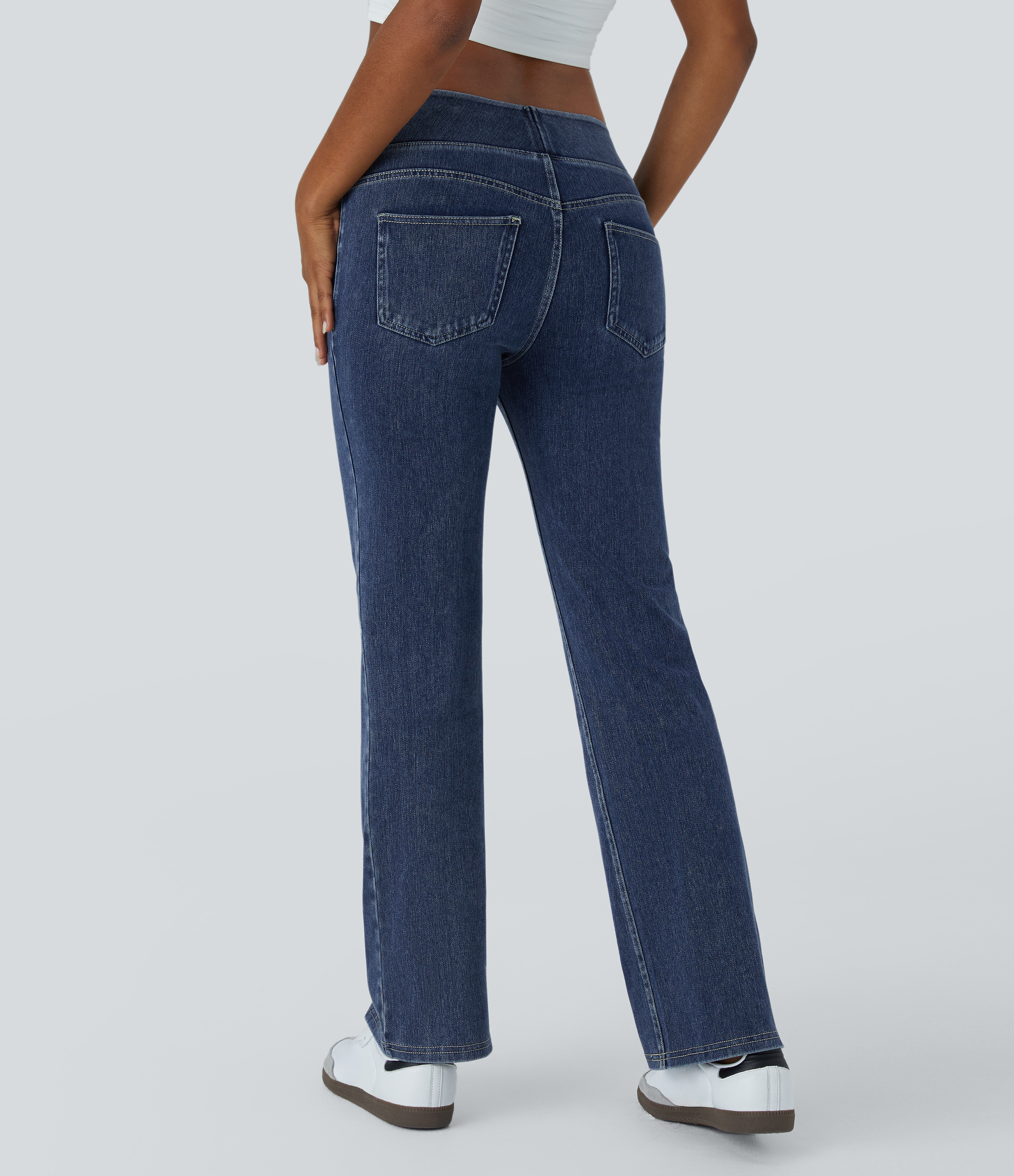 Deep Well Blue Denim Jeans Halara Flex™ Denim corte acampanado elástico bolsillo trasero tiro bajo / 2