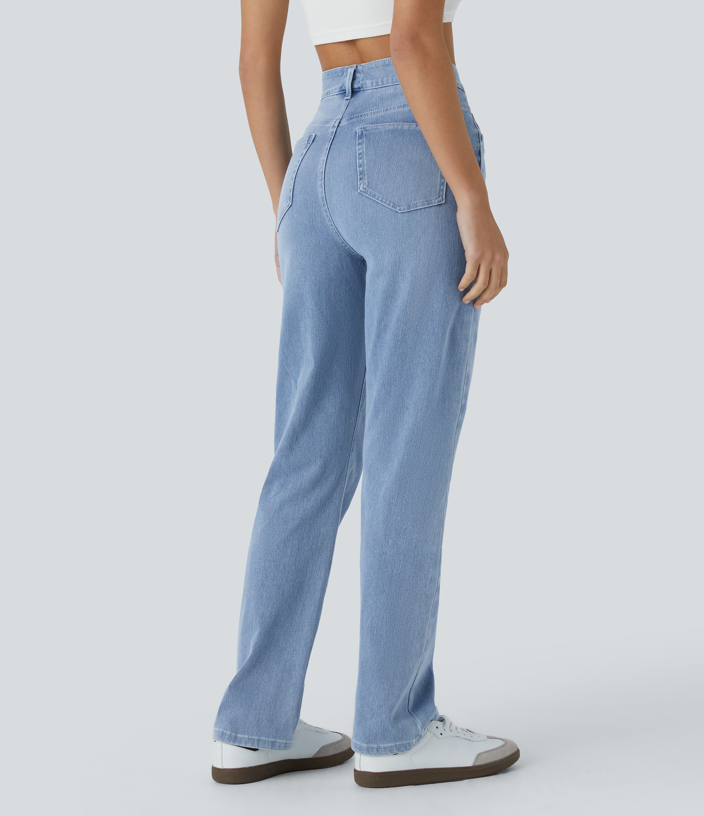Crushed Ice Blue Denim Jeans Halara Flex™ Denim frescos al tacto rectos elásticos de tiro alto descoloridos con múltiples bolsillos / 2