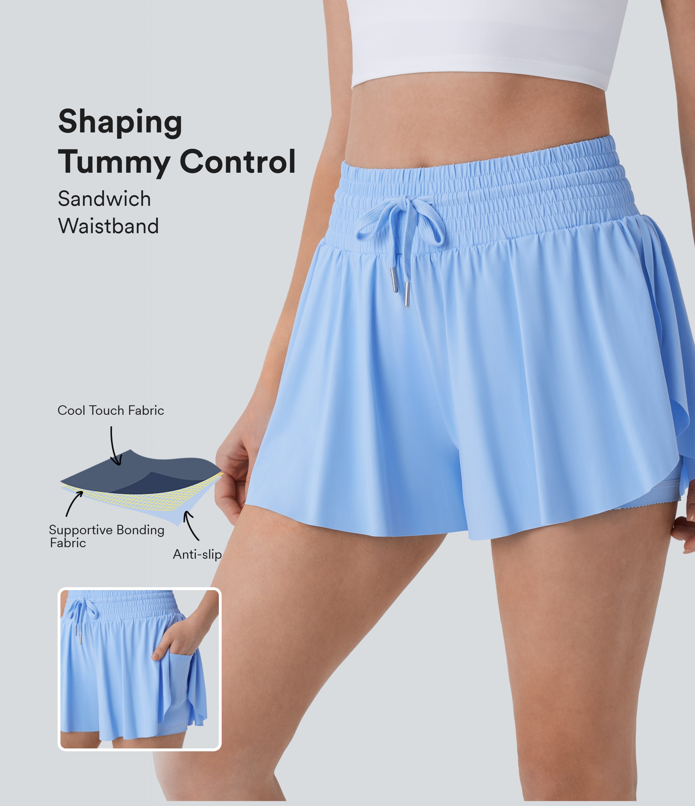 2-in-1 Yoga-Shorts mit hohem Bund, Seitentaschen, Bauchkontrolle, Kordelzug und Cool-Touch - rutschfest, UPF50+