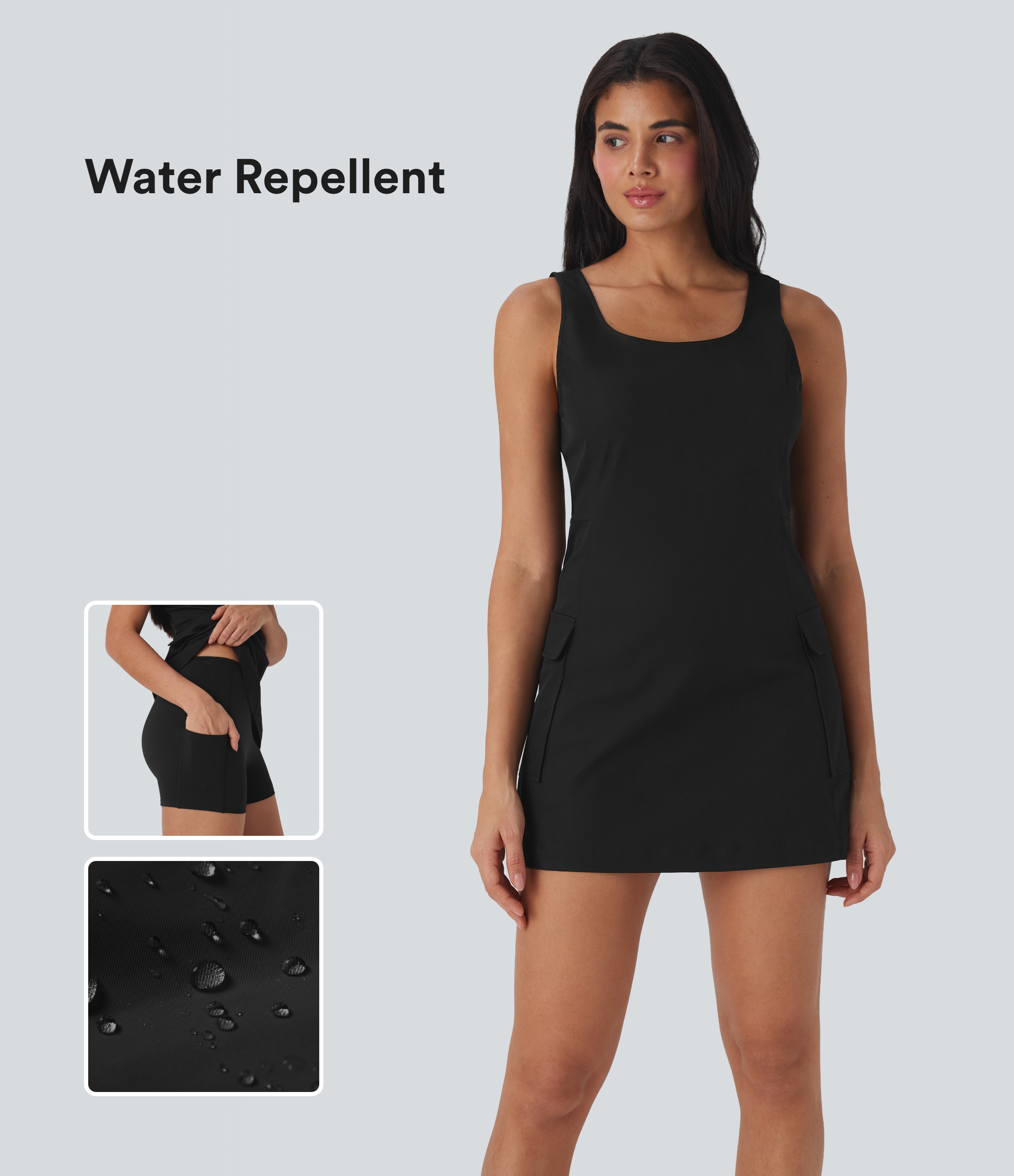 Rückenfreies, 2-teiliges Mini-Cargo-Camping-Kleid mit mehreren Taschen - wasserabweisend, verschleißfest