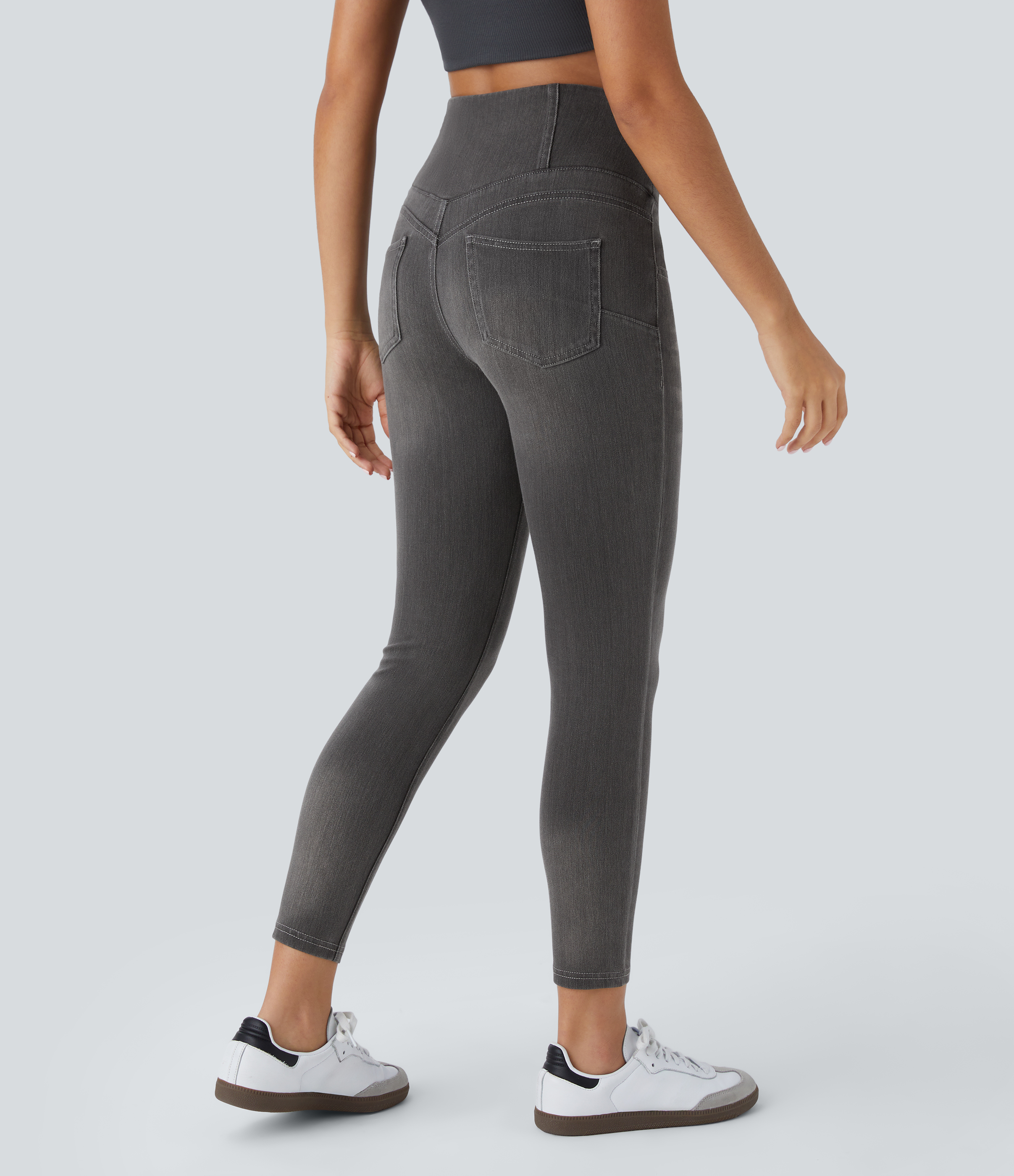 Carbon Paint Denim Leggings casuales de mezclilla elástica de tiro alto con varios bolsillos / 2