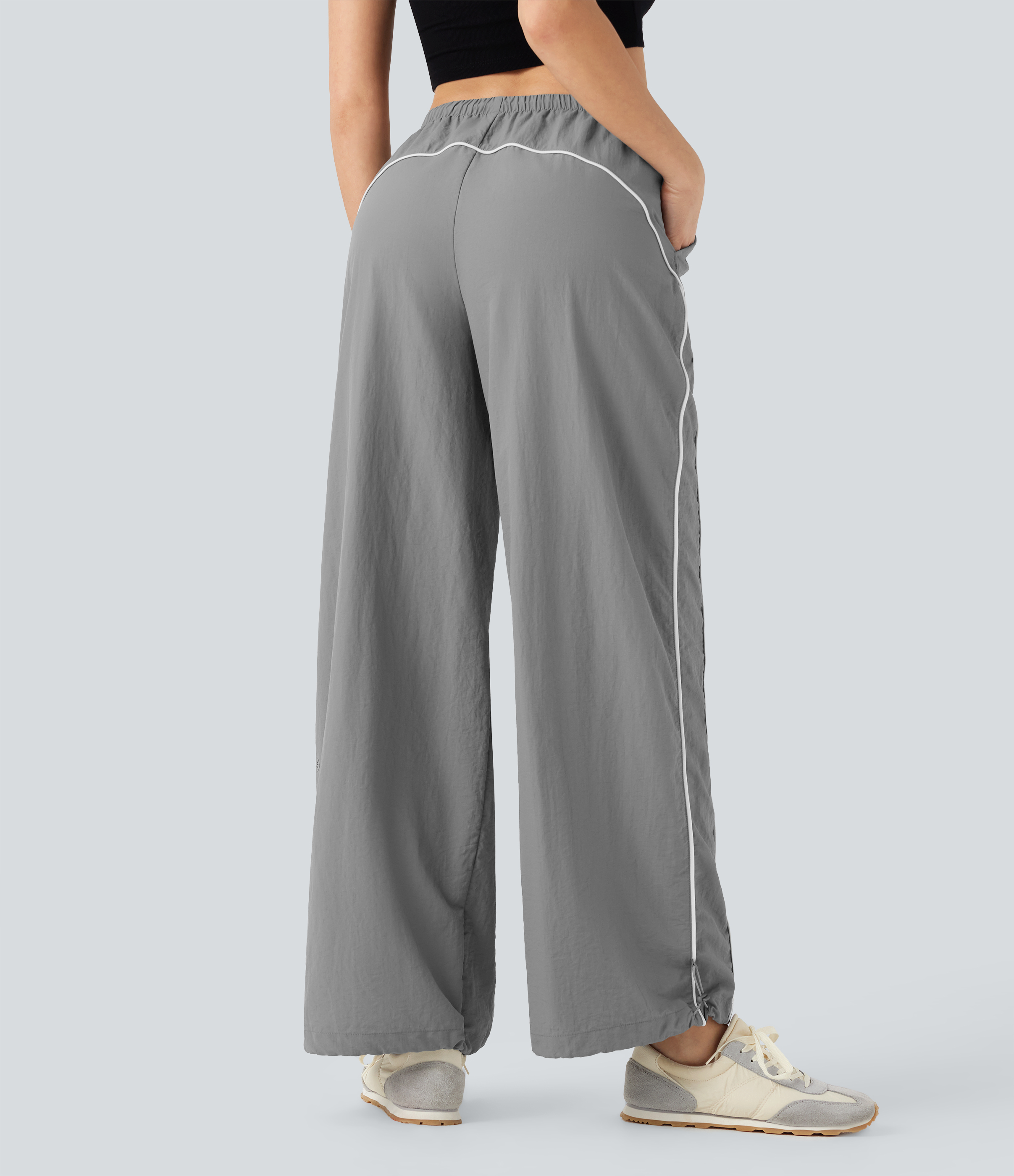 Pantalones casuales de tiro medio con cordón ajustable, pierna ancha y tacto fresco con bolsillos laterales