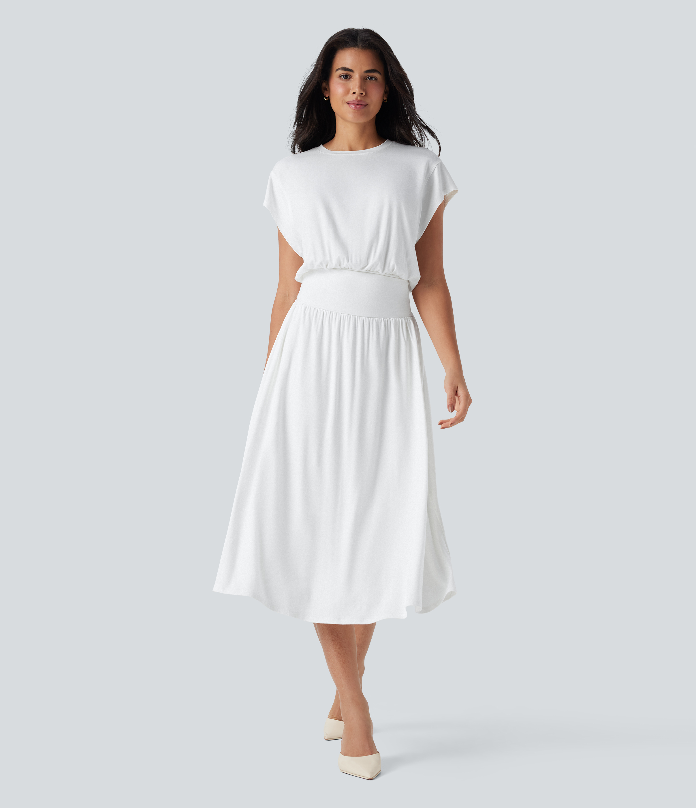 Robe midi fluide de travail à manches chauve‑souris, à effet gainant, avec poches