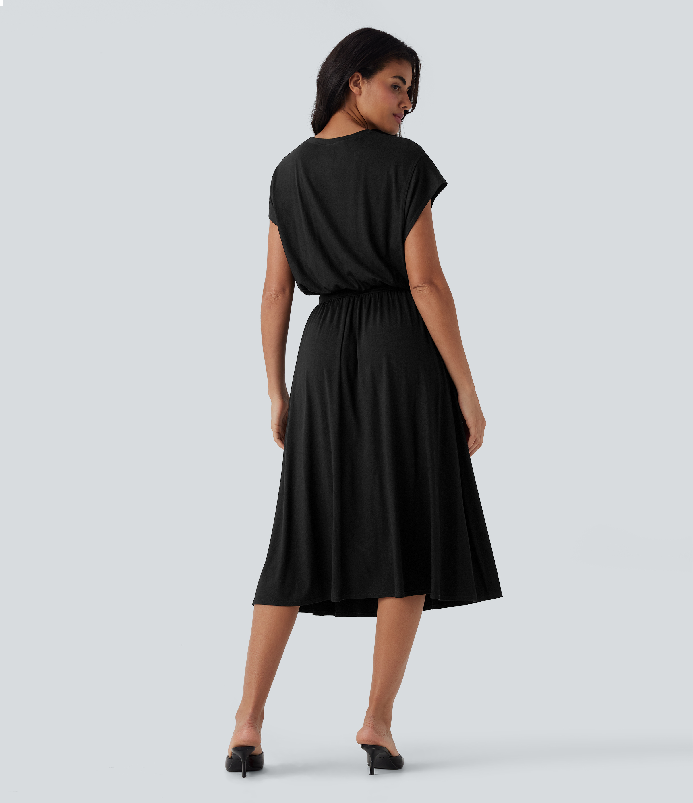 Black Tummy Control Batwing Sleeve Flowy Midi Work Dress with Pockets / 2