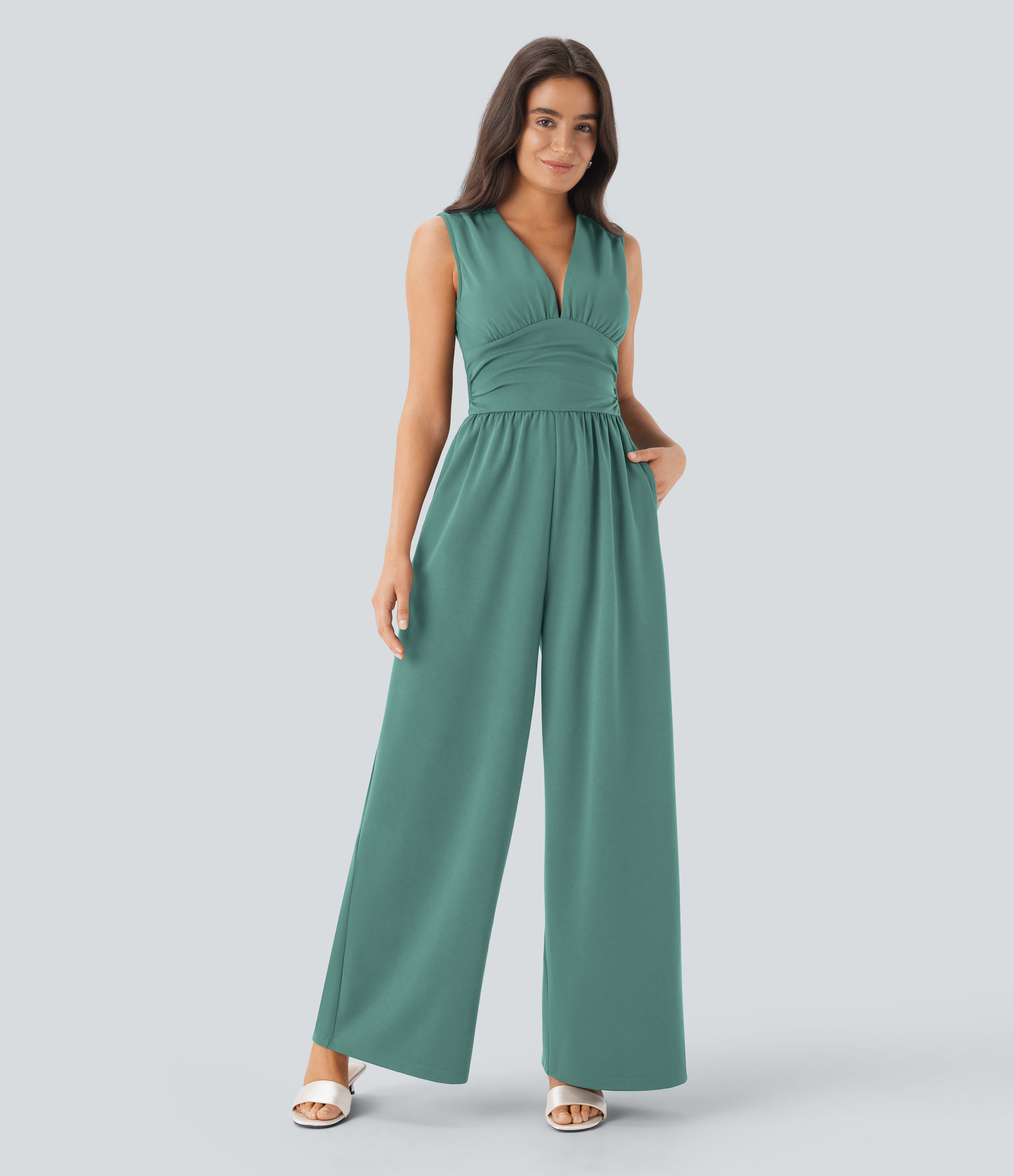 Women's SculptKnit V Neck Sleeveless Ruched Pocket Jumpsuit-Easy