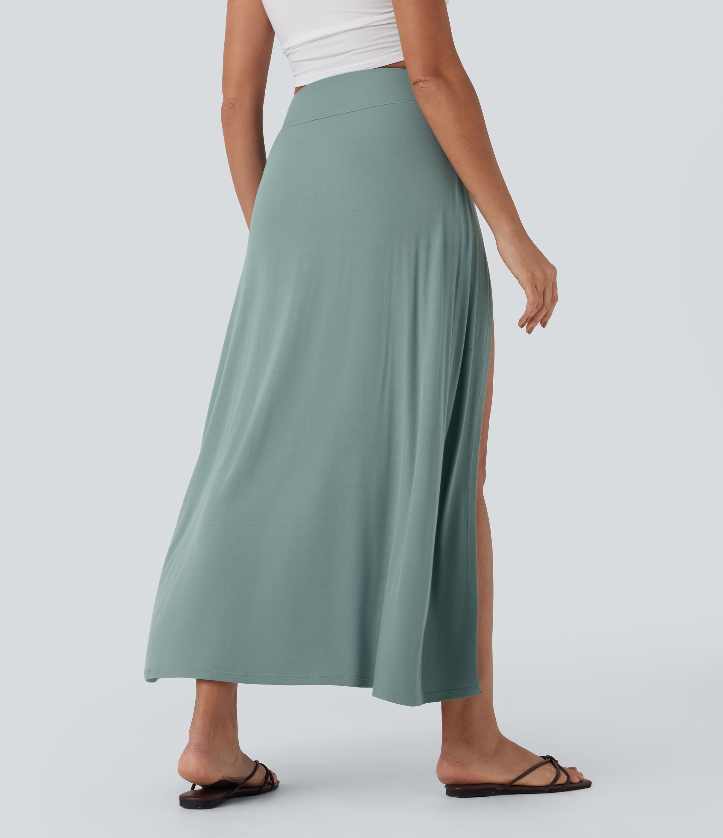 Clear Green Ribbed High Waisted Tummy Control Draped 2-in-1 Maxi Casual Skirt / 2