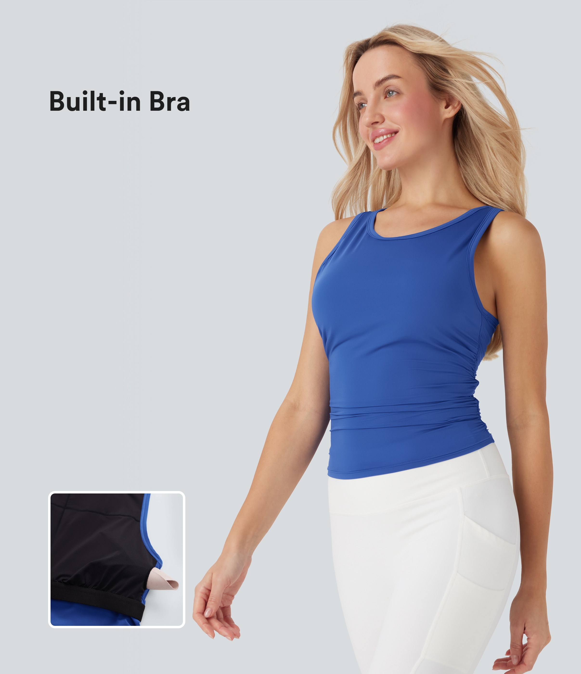 Beaucoup Blue Top racerback à encolure ronde, froncé, avec soutien-gorge intégré — débardeur de yoga Cool Touch / 1