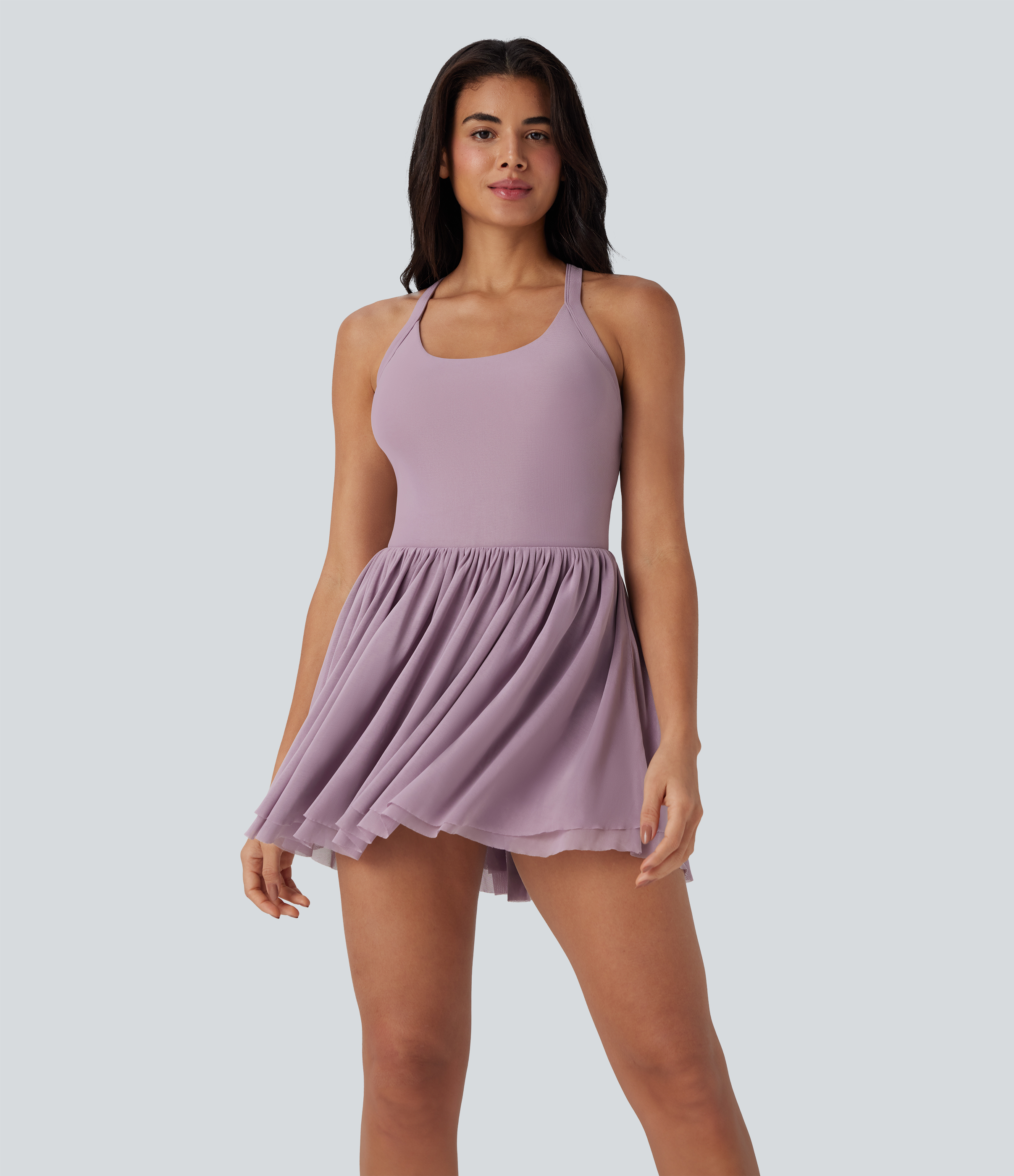 Lilac Blush Minivestido de baile 2 en 1 con malla retorcida, espalda abierta y bolsillo lateral / 2