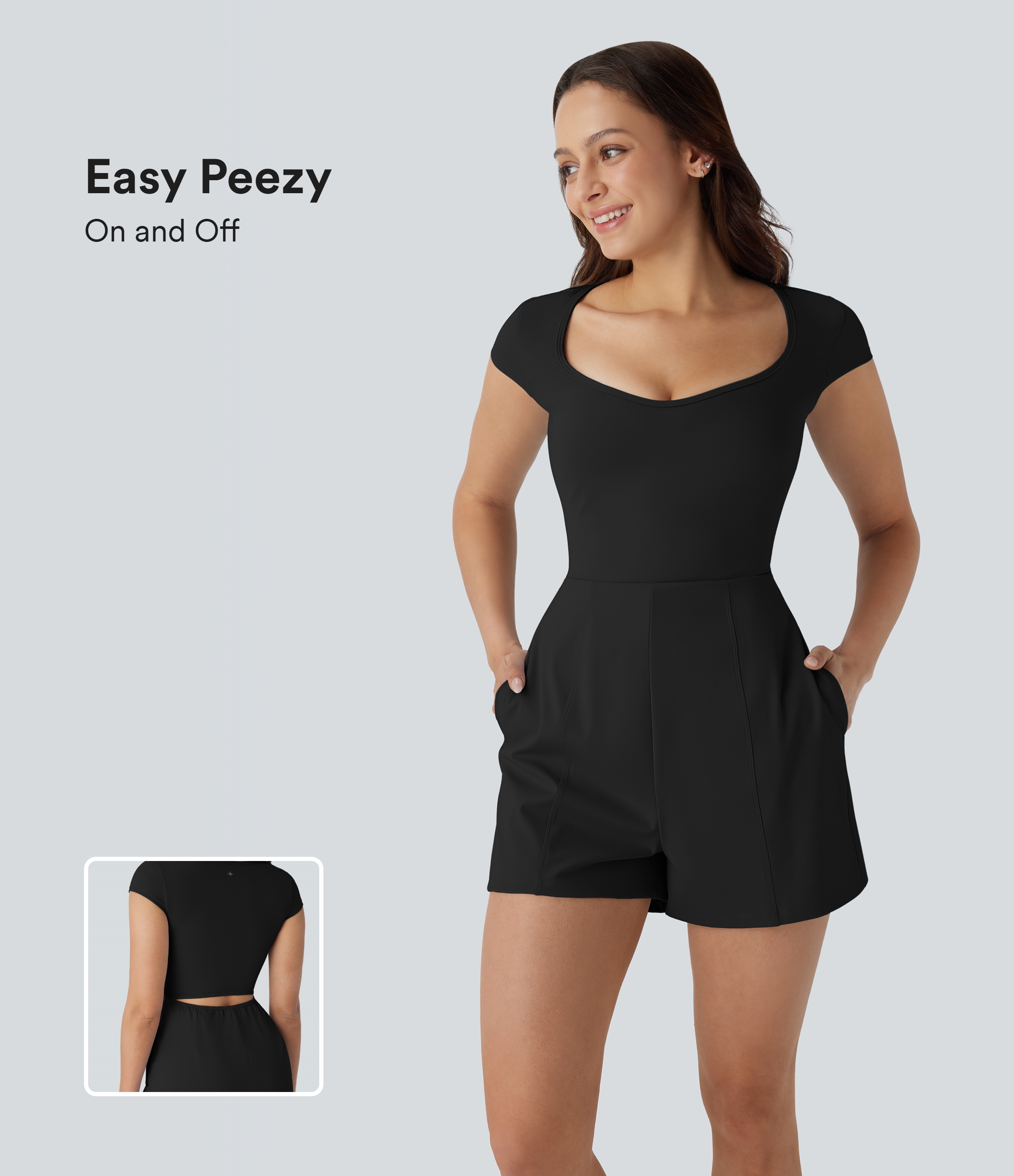 SoftlyZero™ Airy U Neck Cap Sleeve Pocket Cool Touch Yoga Romper-Easy Peezy