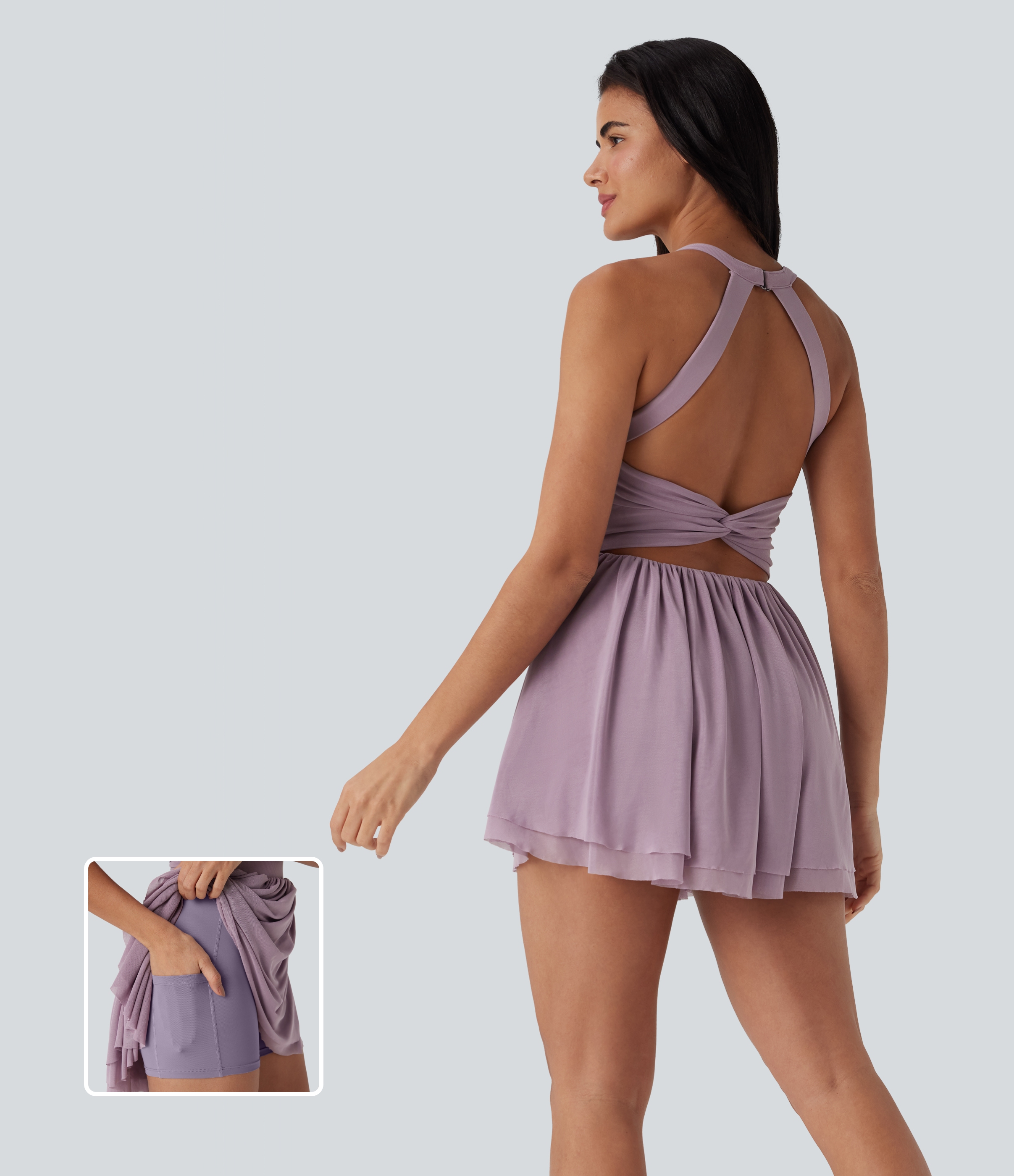 Lilac Blush Minivestido de baile 2 en 1 con malla retorcida, espalda abierta y bolsillo lateral / 1