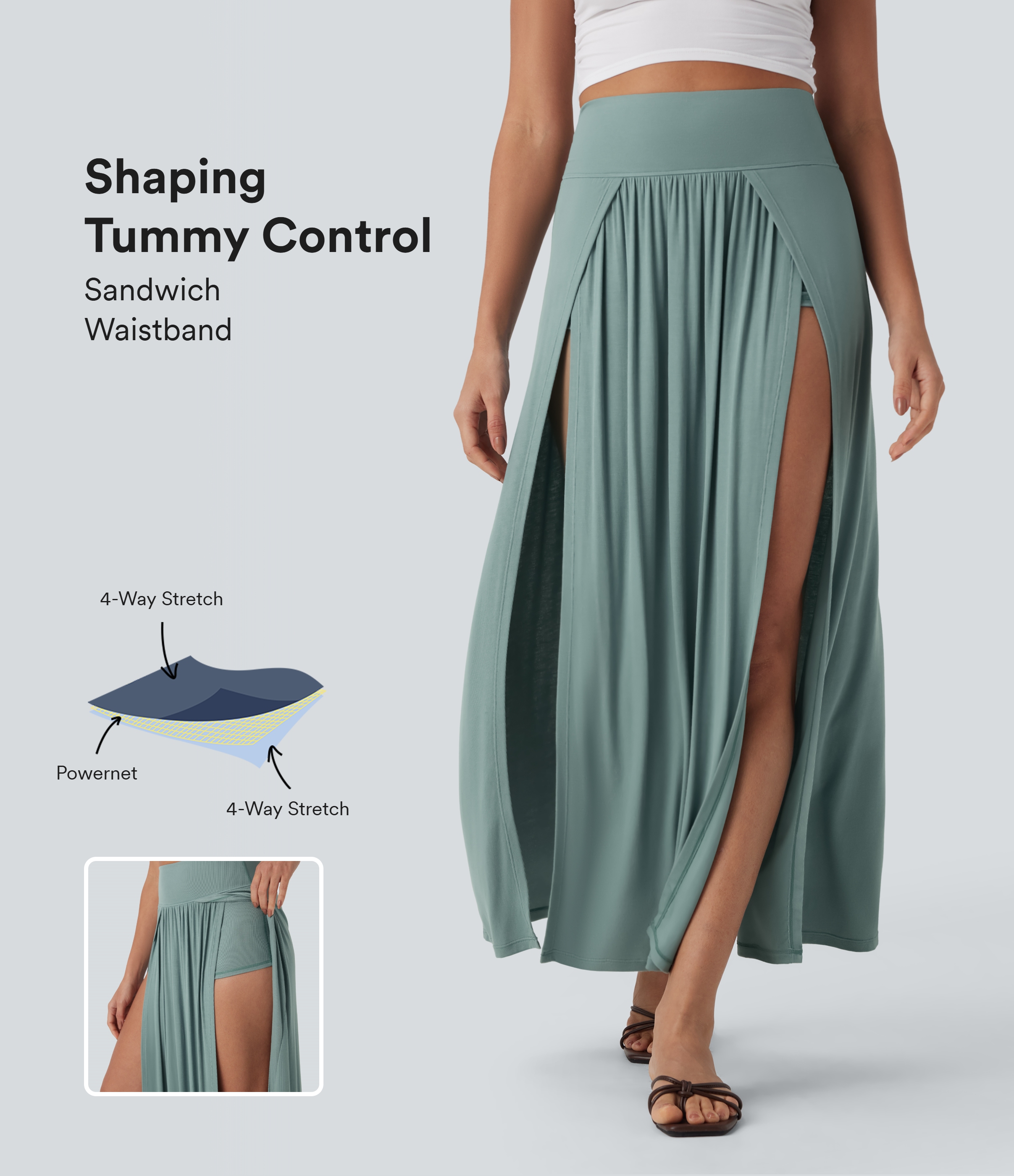 Ribbed High Waisted Tummy Control Draped 2-in-1 Maxi Casual Skirt