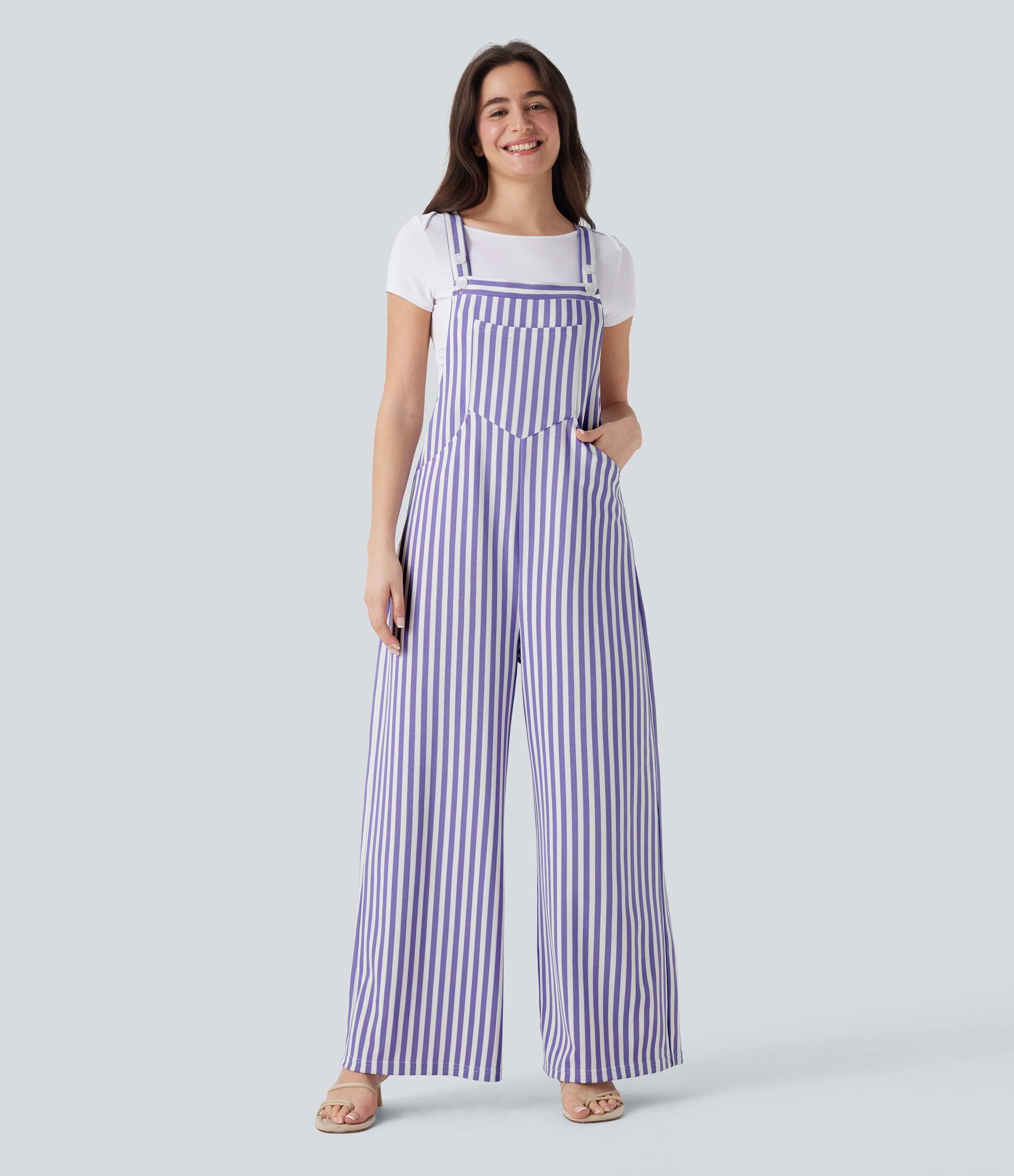 Pockets Stripe Waffle Overalls