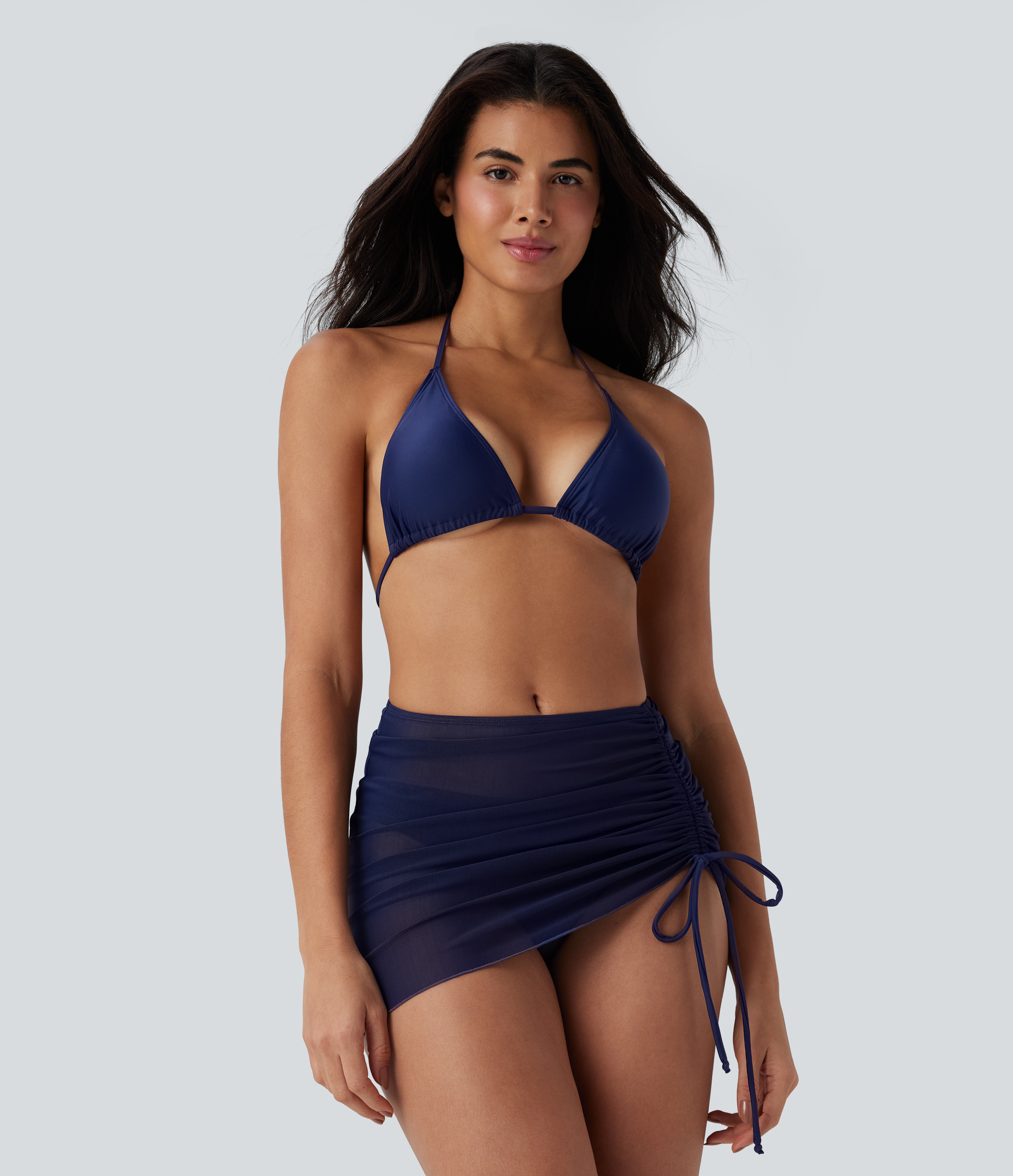 Conjunto de Bikini de 3 Piezas con Cuello Halter, Cordón Trasero y Malla Transparente
