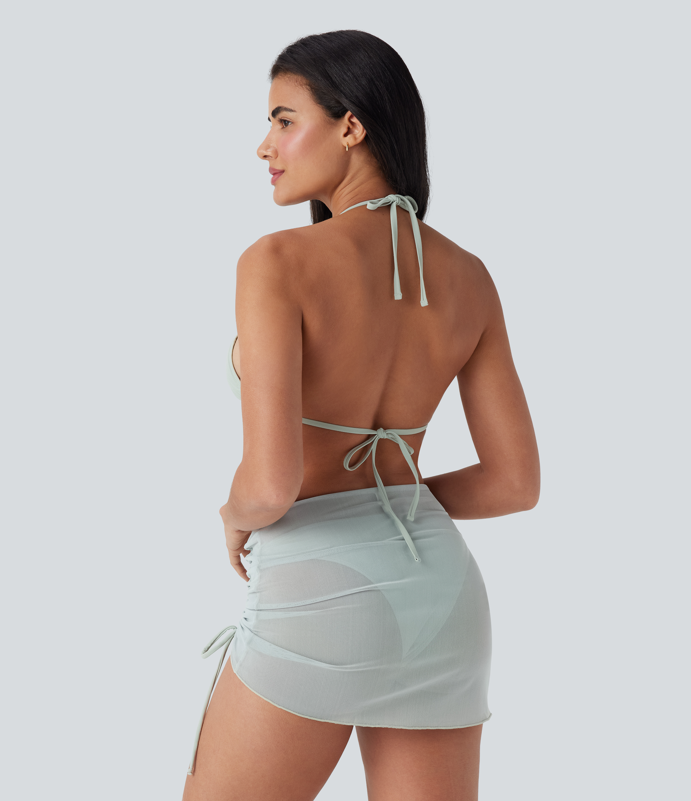 Pale Clay Green Ensemble bikini 3 pièces en mesh transparent, col halter, dos à nouer et ruban / 2