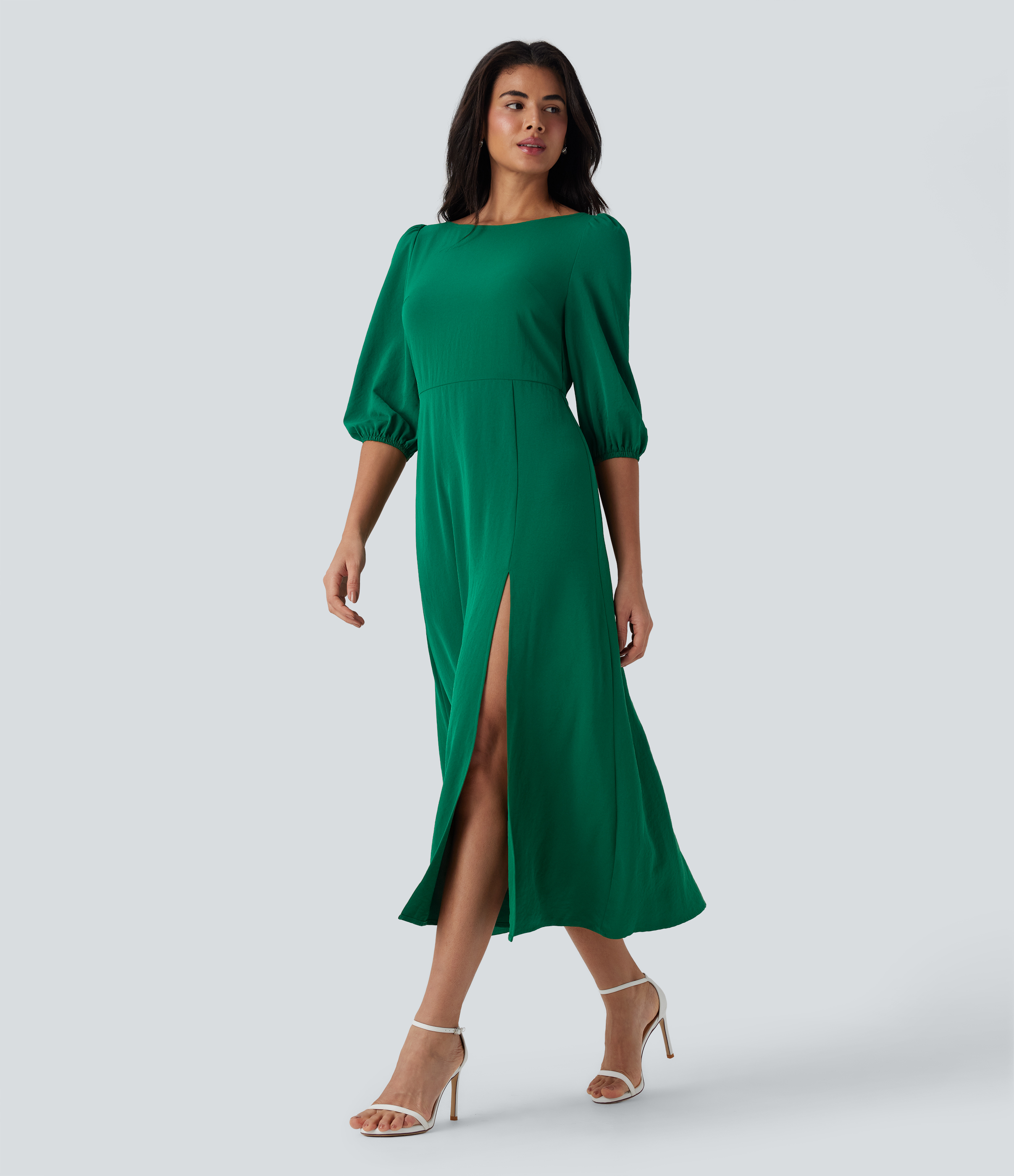 Lush Meadow Vestido de dama de honor e invitada de boda con abertura, espalda descubierta, lazo, cremallera y mangas abullonadas / 2