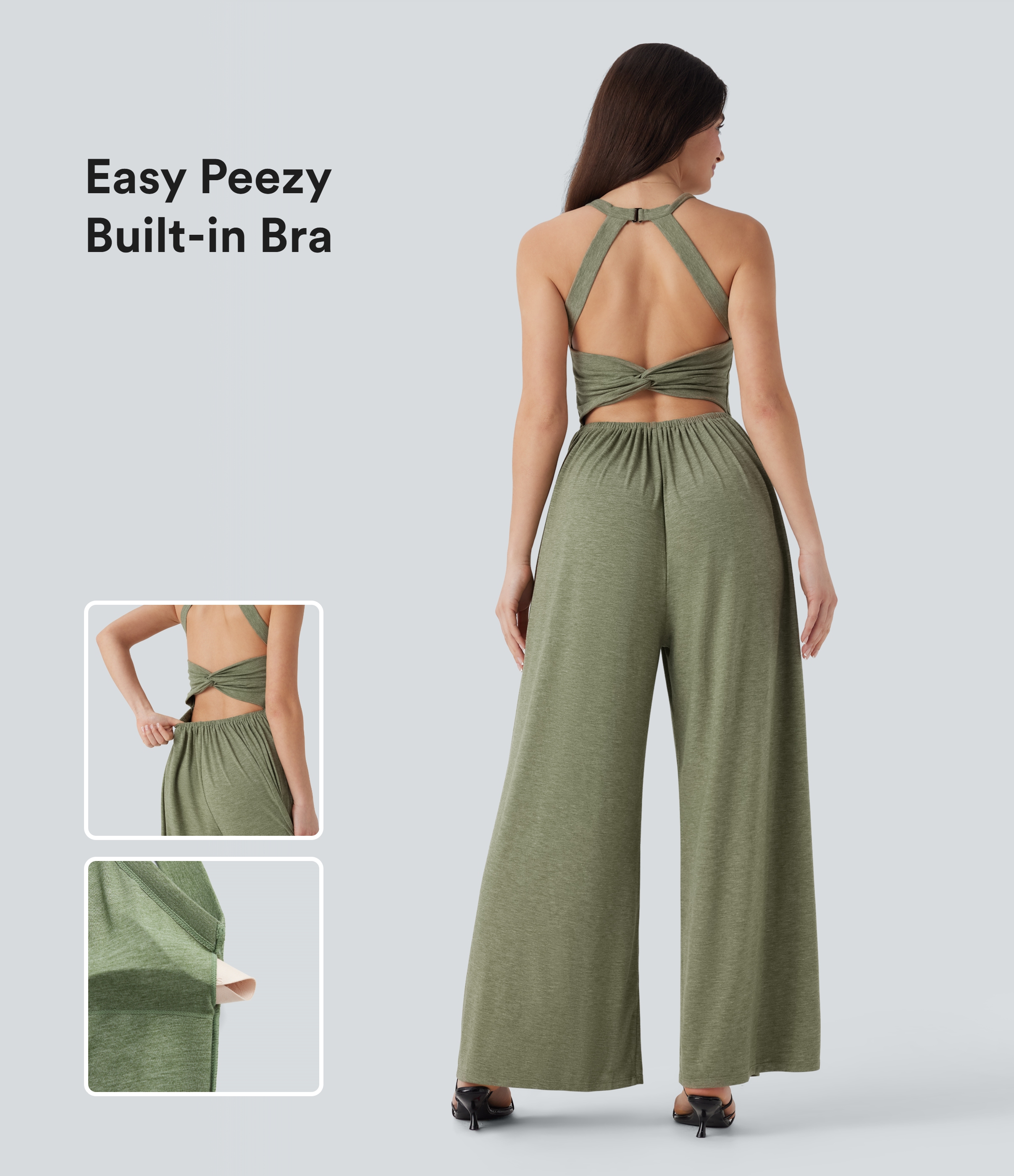 Lässiger, rückenfreier Jumpsuit mit Seitentaschen, gedrehtem Rücken, integriertem BH und weitem Bein - Easy-Peezy-Edition